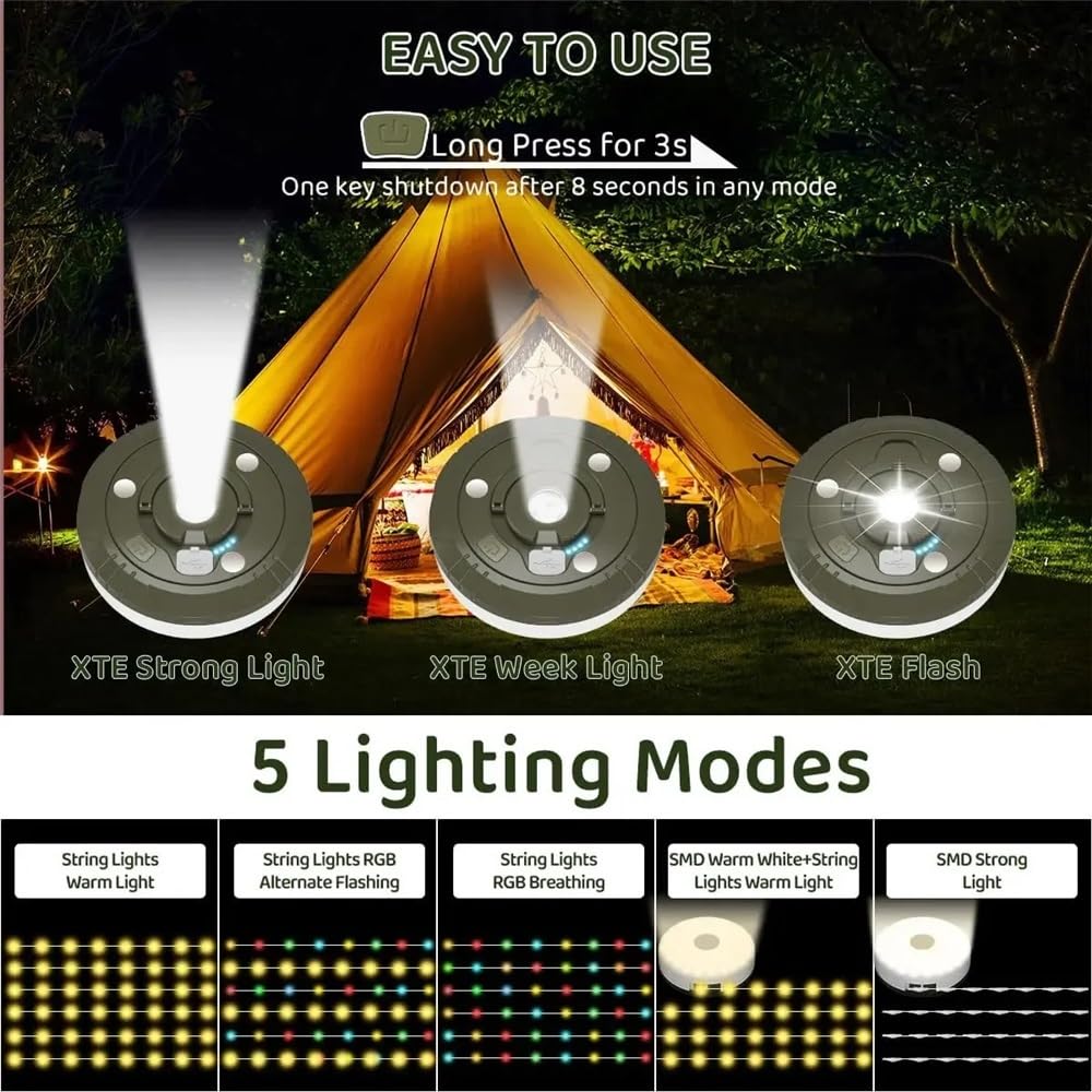 Wielofunkcyjna konstrukcja 4 w 1 Lampa kempingowa String USB Ładowana lampa zewnętrzna do namiotu Lampka dekoracyjna XTE Latarka LED z haczykiem magnetycznym