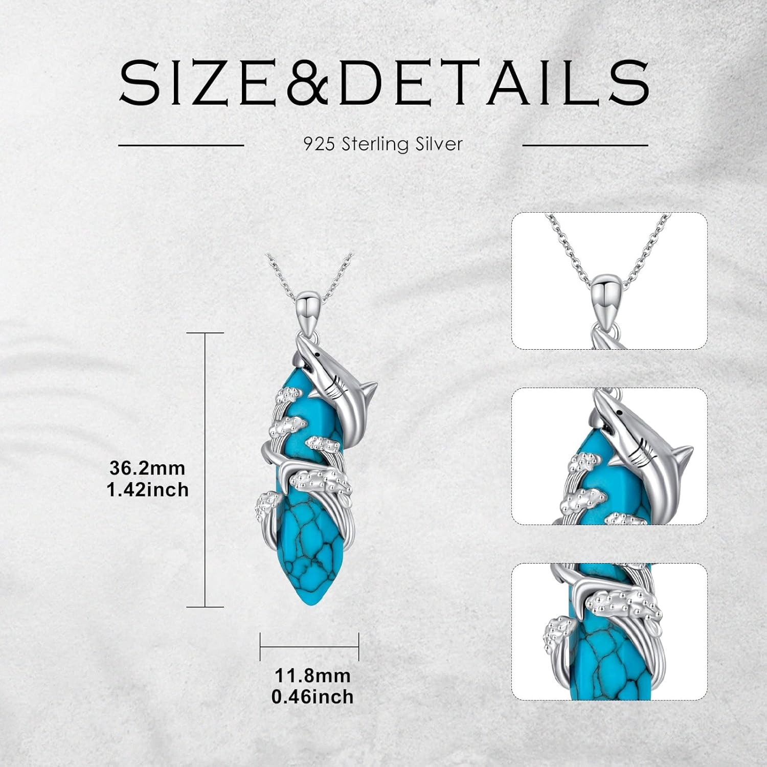 925 Sterling Silver Shark Necklace for Women Hexagonal Blue Turquoise Gemstone Birthstone Pendant Jewelry for Her