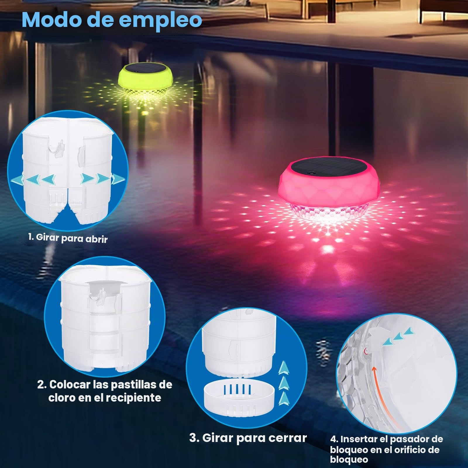 Flotador de cloro para piscina Qoolife con luz solar, flotador de tabletas de cloro para piscina, apto para tabletas de 1" y 7,6 cm, dispensador de cloro flotante con control remoto y ajustable para