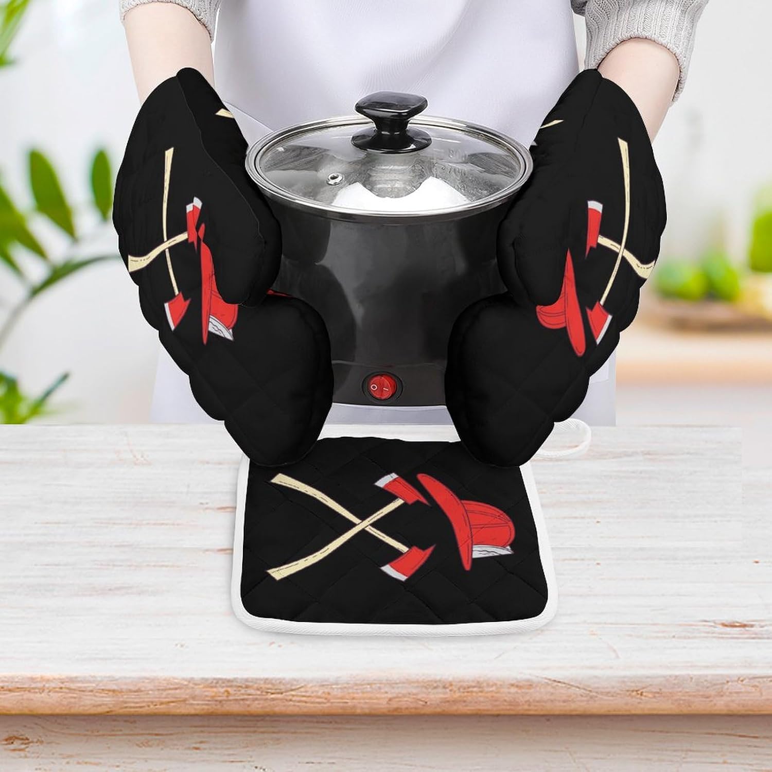 Fire Axe Firefighter Print Oven Mitts and Pot Holders 3 Piece Sets Heat Resistant Gloves Hot Pads Potholders for Kitchen Baking Cooking