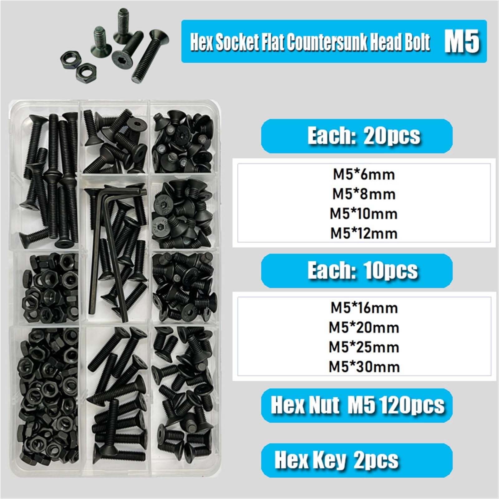 Schrauben Set Senkkopf-Flachkopf-Sechskantschrauben-Muttern-Set M2 M3 M4 M5 M6 Sechskant-Innensechskant-Senkkopf-Inbusschraube der Güteklasse Schwarz(M5 (242pcs))