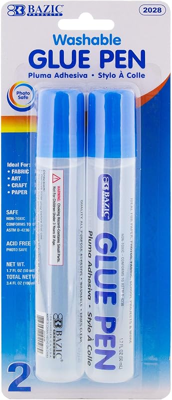 BAZIC Products Clear Glue Pen, 1.7 Fl Oz, Acid-Free, 2 Count | Washable, Clear liquid glue pens, 1.7 fl oz (50 mL) each, Photo-safe, Non-toxic, Dries clear, Precision tip