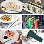 AARAINBOW 8 Pieces Stainless Steel Flatware Set Portable Reusable Cutlery Set Travel Utensils Set Including Chopsticks Knife Fork Spoon Straws Cleaning Brush Dishwasher Safe (Green Golden)