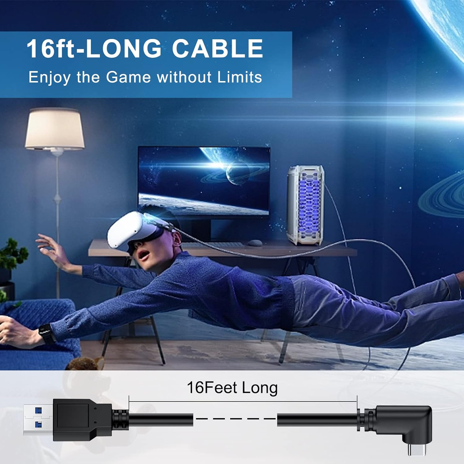 KUNCAN Oculus Quest 2 Link Cable 5M USB A to C 90 Degree Fast