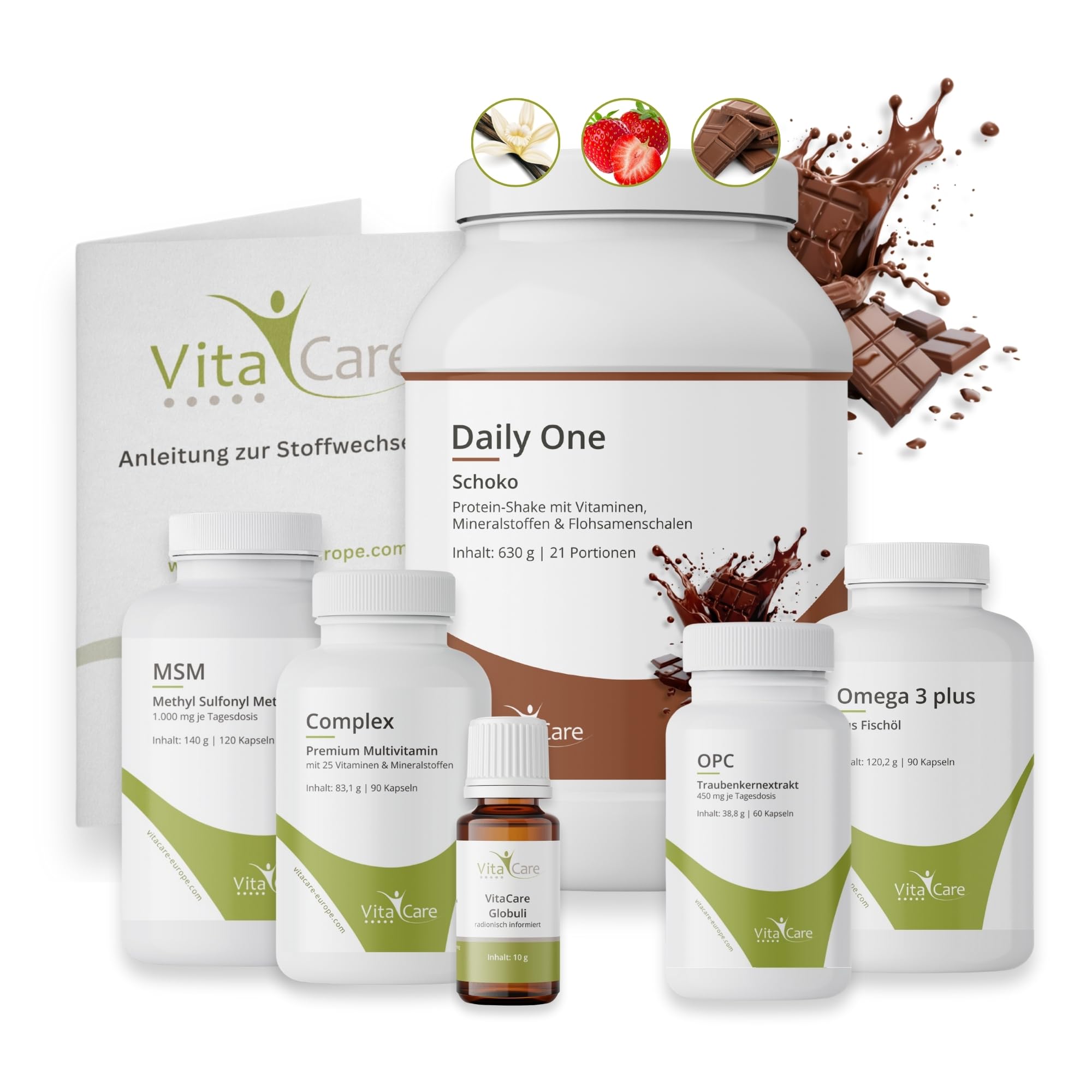 VitaCare 21-Tage Stoffwechsel-Kur Paket Schoko, 7-teiliges Komplettpaket mit Proteinshake, MSM, Multivitamin, Omega 3 plus, OPC & Globuli