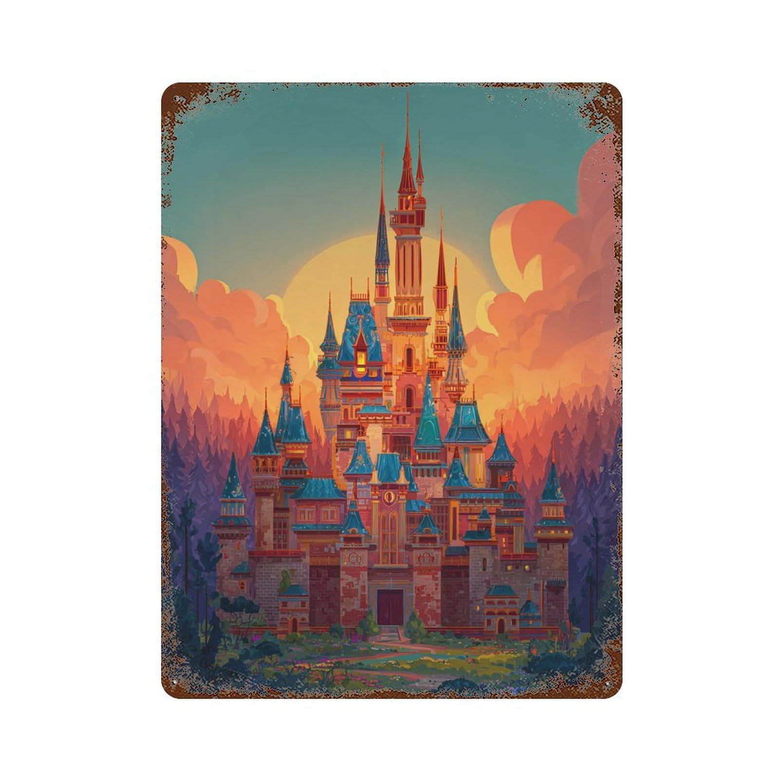 Magical Castle Fantasy Vintage Wall Sign 15.7"x11.8", Rust Effect Metal Decor for Shed, Workshop And Garage Wall Decor