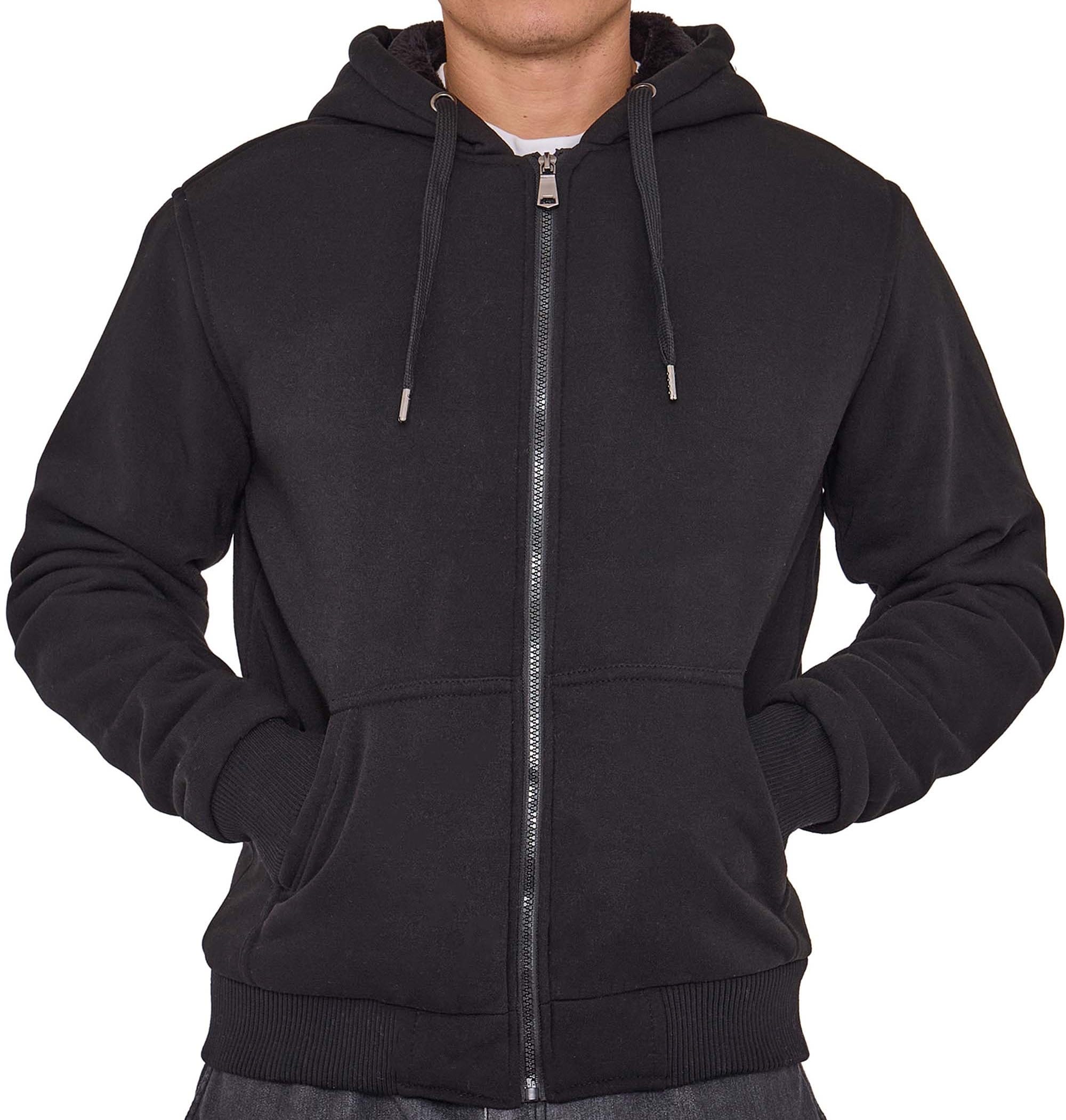 LABEL APPAREL Men’s Fur-Lined Zip Hoodie Plain Full-Zip Winter Jacket with Plush Faux-Fur Hood, Warm Cotton-Blend Fabric & Ribbed Cuffs Soft Casual Sweatshirt for Cold Weather(Black