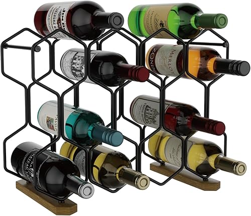 Miniatura 10 de Buruis Estante de vino para encimera con base de madera, soporte de vino de mesa para 14 botellas para varias botellas de vino, duradero y