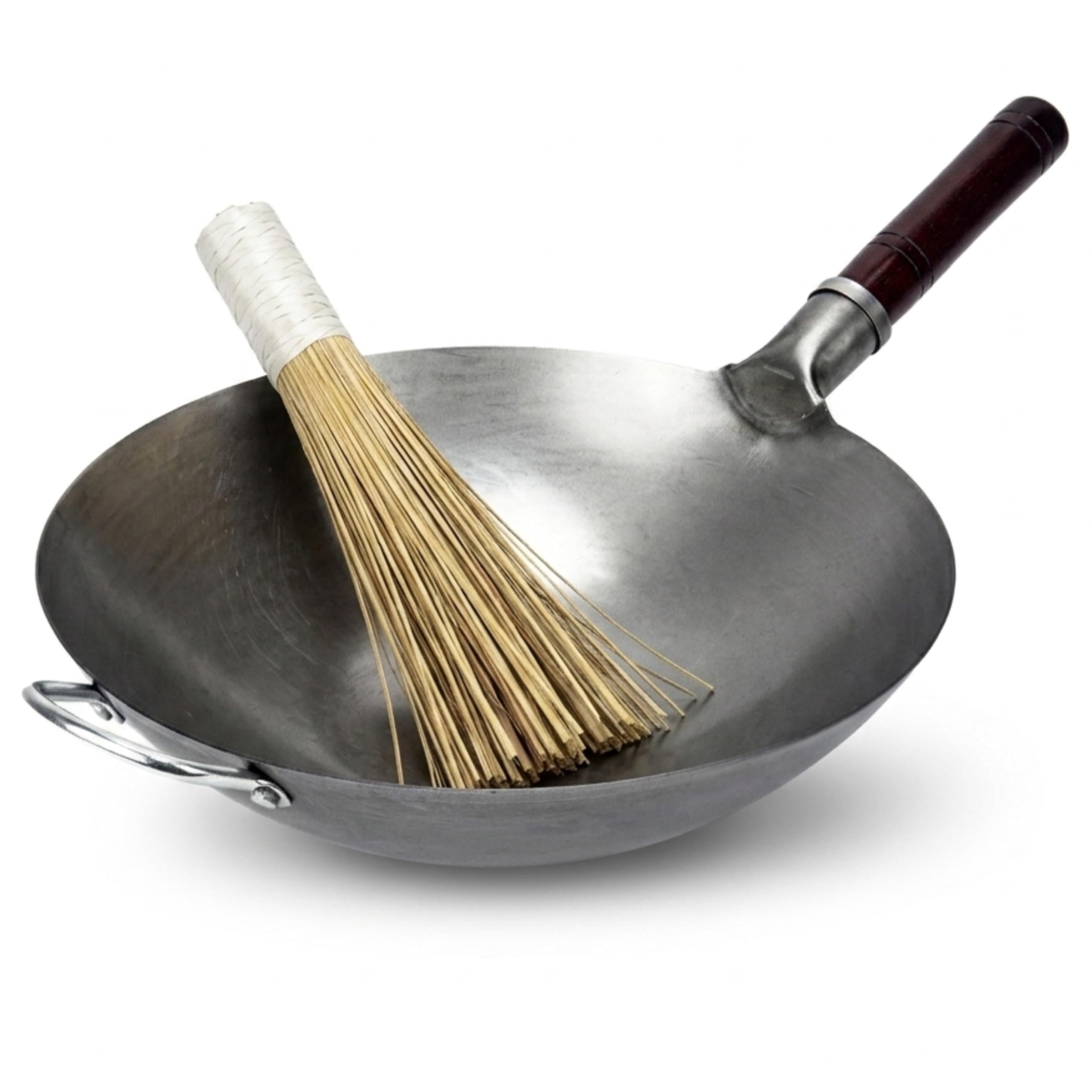 Wok Profesional 36 cm – Acero al Carbono Martillado a Mano – Fondo Redondo – Calidad Profesional – Mango de Madera y Acero – Incluye Cepillo de Bambú