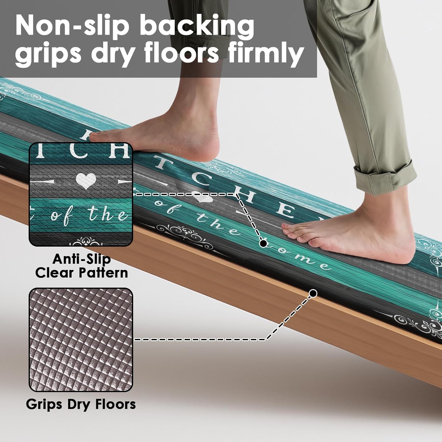 Arttown Teal Farmhouse Anti-Fatigue Kitchen Rug Set of 2 Grey Black Green Wood Vintage Cushioned Floor Standing Mat Waterproof Non-Slip Kitchen Mat and PVC Ergonomic Comfort Foam Rug