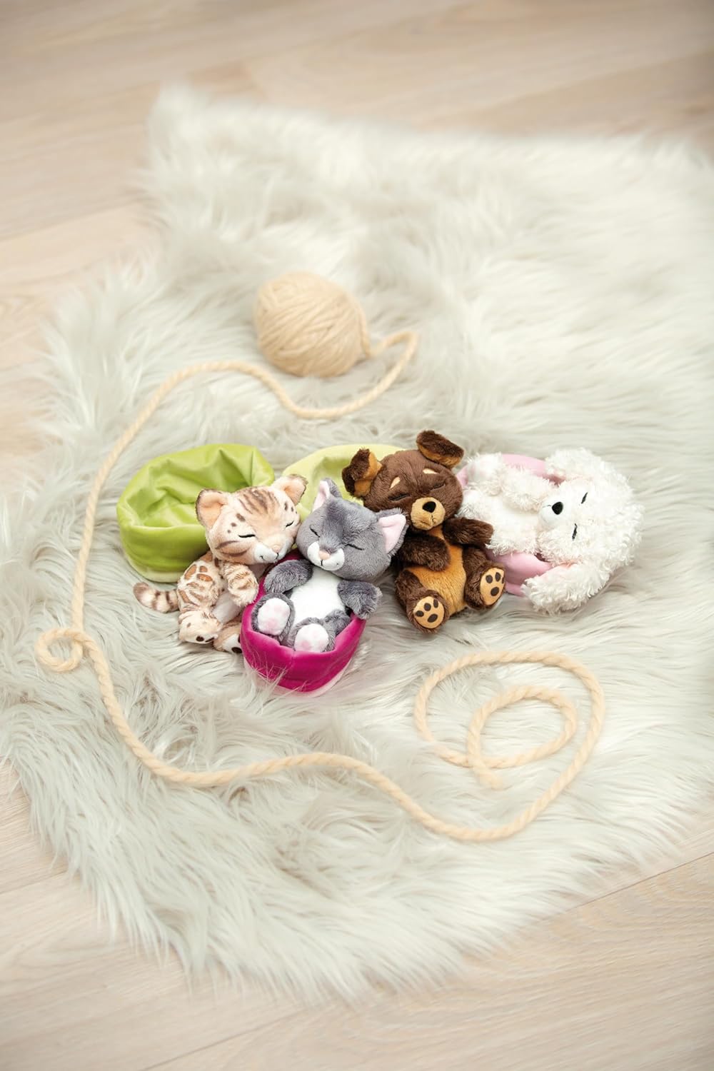 NICI Bengal Cat Soft Toy 12 cm Sleeping in a Light Green Basket – Soft and Durable Plush Cute Cuddly Toy for Children and Adults, Great Gift Idea, 49747