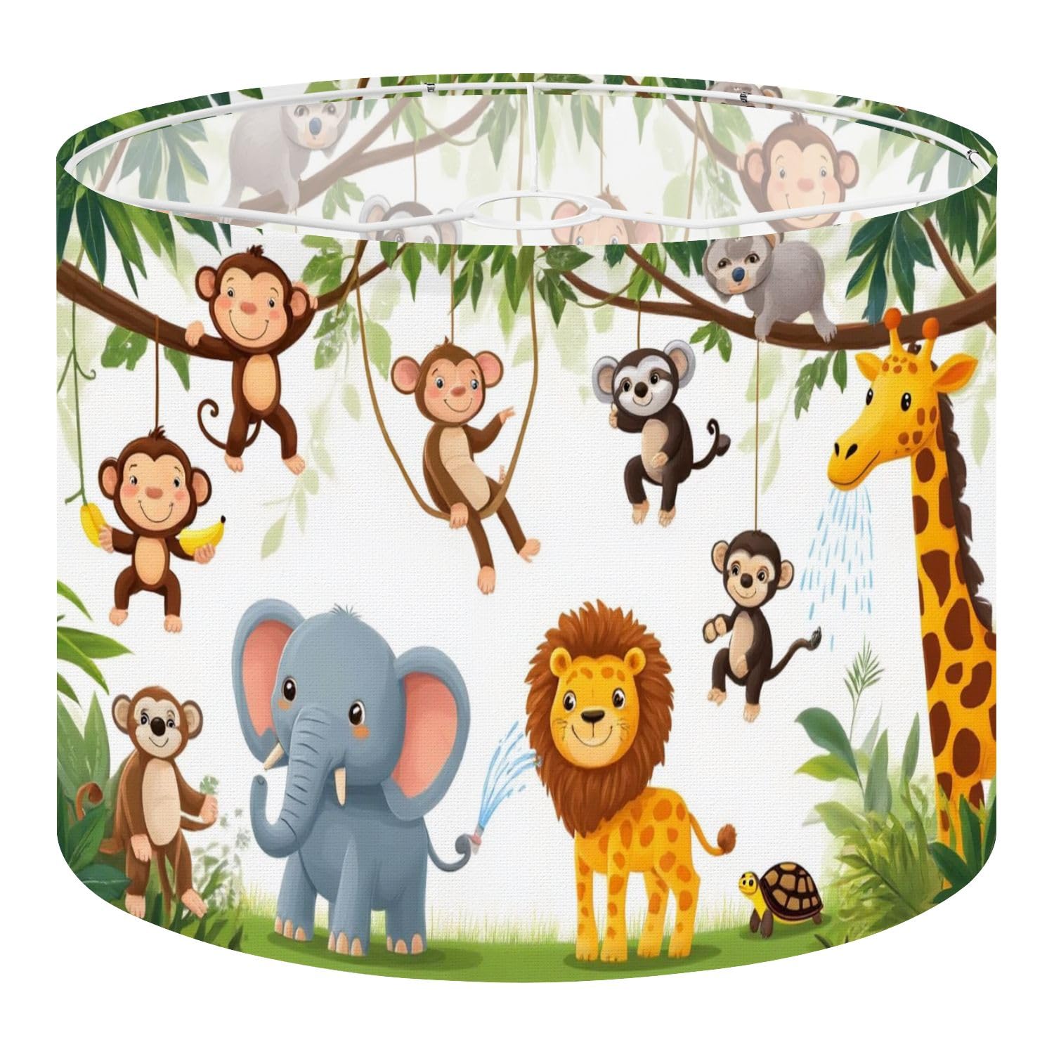 Round Drum Light Shade Woodland Nursery Decor Vine Animal Baby Lion Giraffe Elephant Monkeys Large Lampshades for Ceiling Lights Table Floor Lamps Easy Assembly Replacement Lamp Shades Spider Fitter