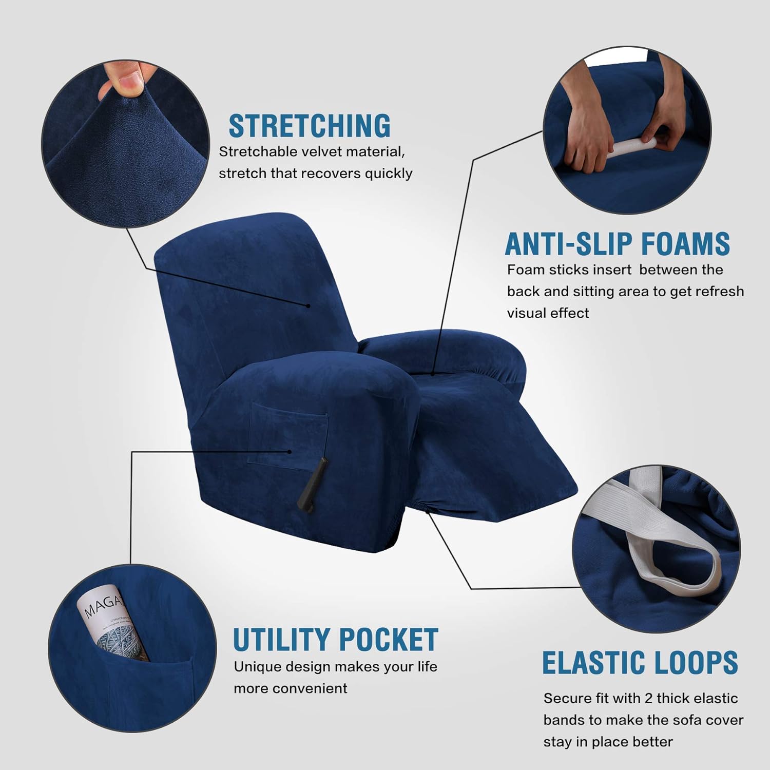 H.VERSAILTEX 1-Piece Velvet Recliner Cover Bundle Velvet Office Chair Cover, Navy