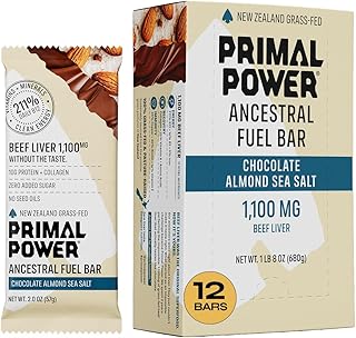 Beef Liver Bar 1100mg - New Zealand Grass-Fed, 211% DV B12, 10g Protein Collagen - Zero Added Sugar, No Seed Oils, Gluten Free - Chocolate Almond Sea Salt (12 Pack)