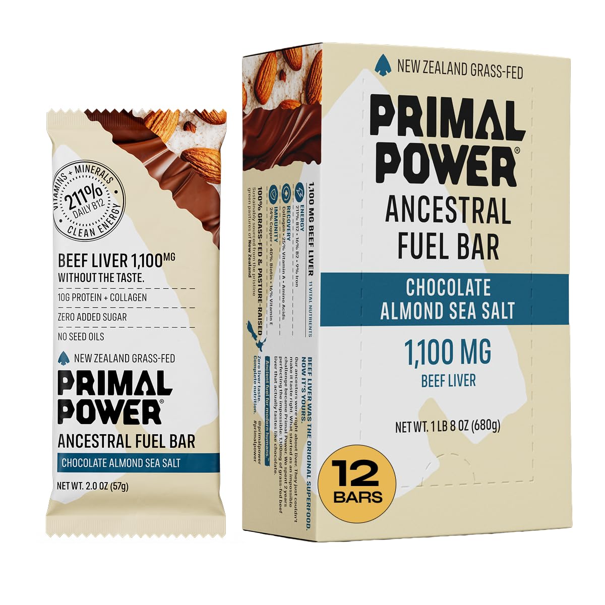 Primal Power Beef Liver Bar 1100mg - New Zealand Grass-Fed, 211% DV B12, 10g Protein Collagen - Zero Added Sugar, No Seed Oils, Gluten Free - Chocolate Almond Sea Salt (12 Pack)