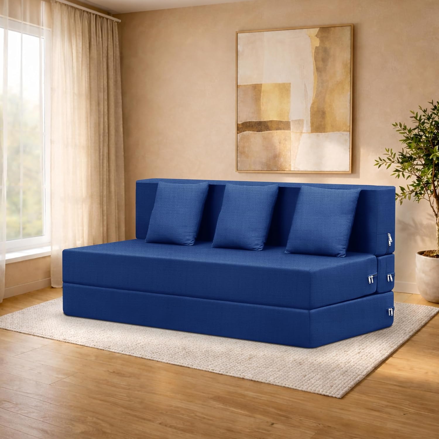 Three Seater Sofa Cum Bed Foldable Sofa Cum Bed Washable & Zipper |Jute Finish Fabric for Living Room & Office | 5' X 6' Feet - Blue Color-image-30