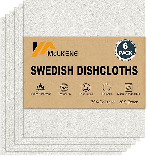 MoLKENE Paños suecos para cocina Paquete de 6 paños de esponja de celulosa absorbentes lavables Toallas de papel reutilizables antiarañazos paños