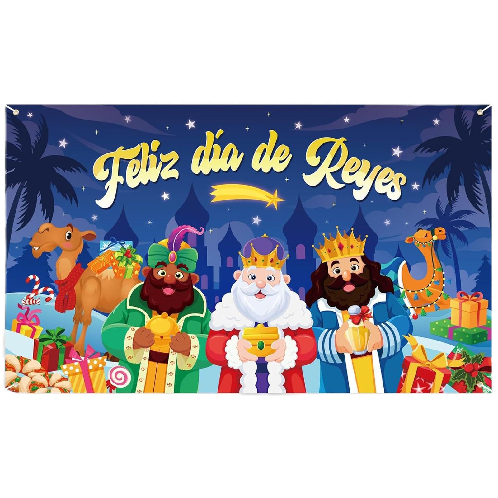 Pancarta Reyes Magos, Banderola de Reyes Magos Exterior Navidad, Pancarta Feliz Navidad, Telón de Fondo de Reyes Magos, Banderola de Navidad para Fiestas Infantiles, Navidad, 150 x 100cm (Azul)