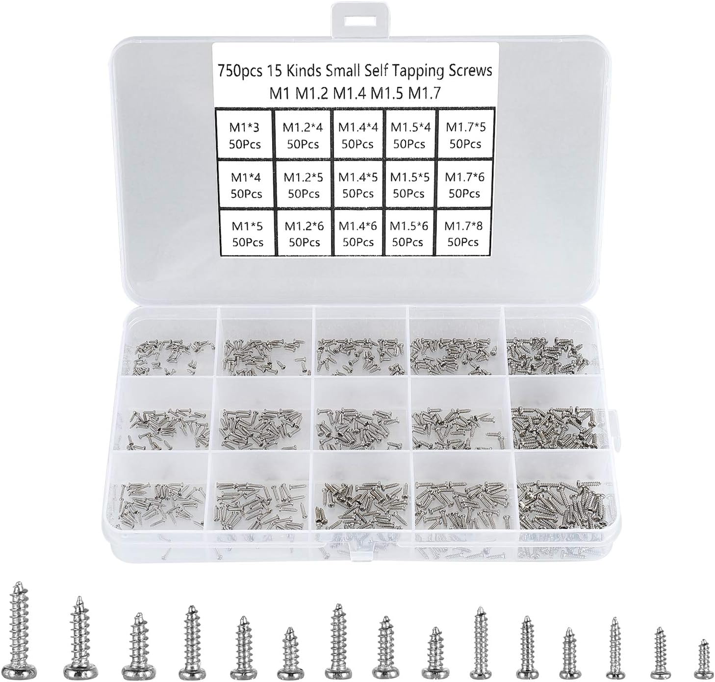 HanTof 750pcs 15 Kinds M1 M1.2 M1.4 M1.5 M1.7 Phillips Rounded Head Small Self Tapping Screws,Micro Screws,Tiny Screws Assortment Kit-(Silver)