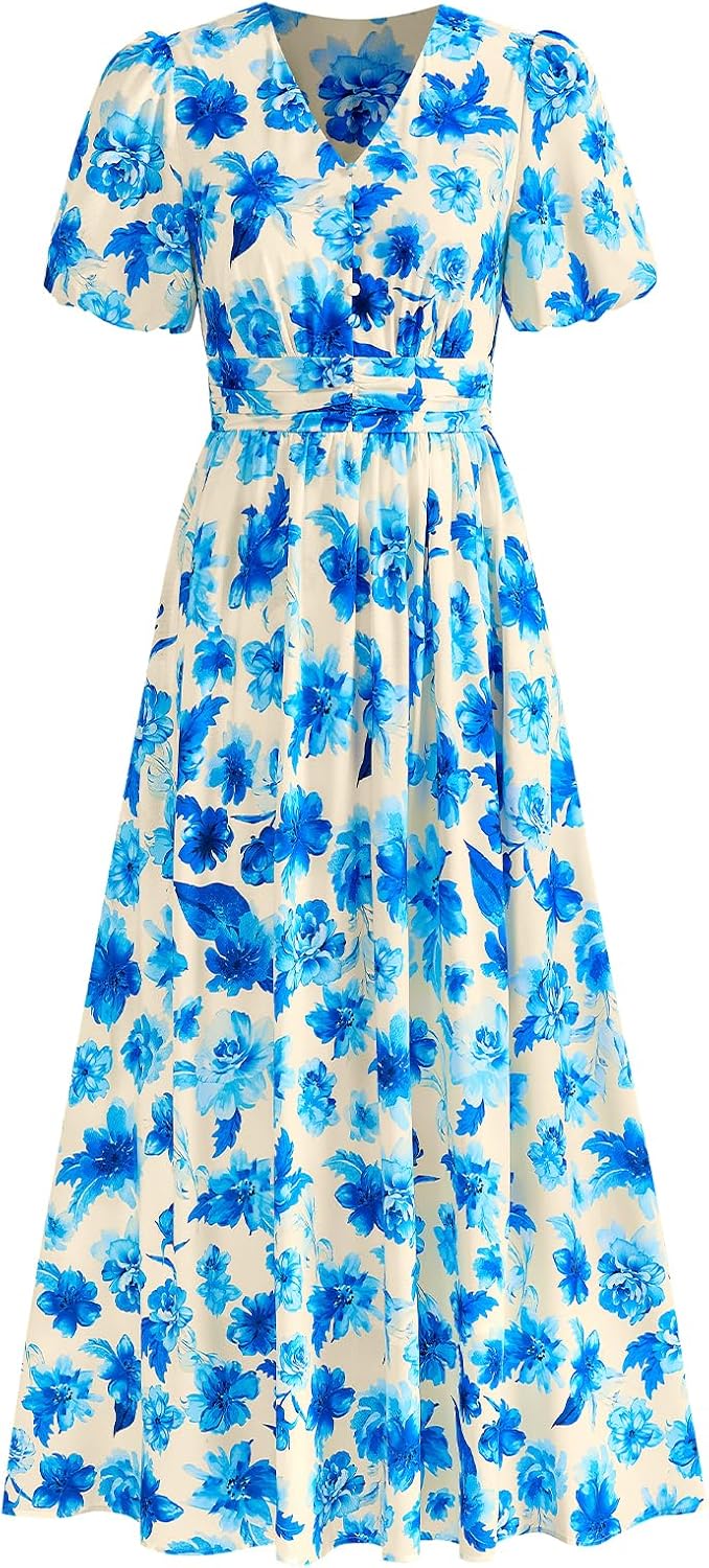 PRETTYGARDEN Womes Boho Maxi Dresses 2026 Summer Spring V Neck Puff Sleeve Empire Waist A Line Flowy Long Beach Floral Dress
