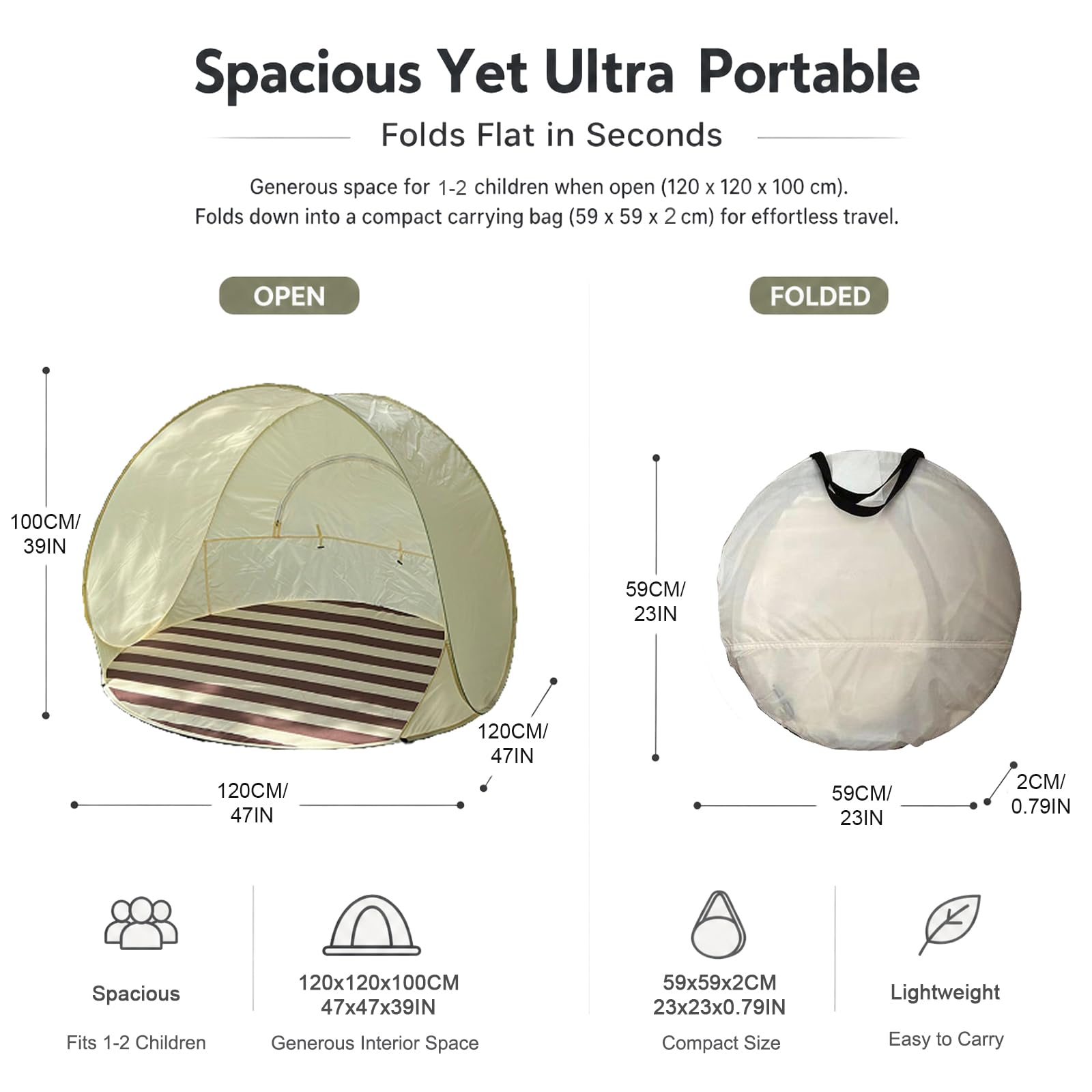Tente de Plage Anti UV pour Bébé, Tente de Plage Pop Up pour 3-4 Personnes, Tente Coupe Vent de Plage, Pare Soleil Ventilé et Portable pour l'extérieur Beige,120CM/47IN