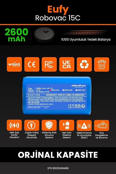 Eufy Robovac 15C Uyumlu Robot Süpürge Bataryası, 2600mAh