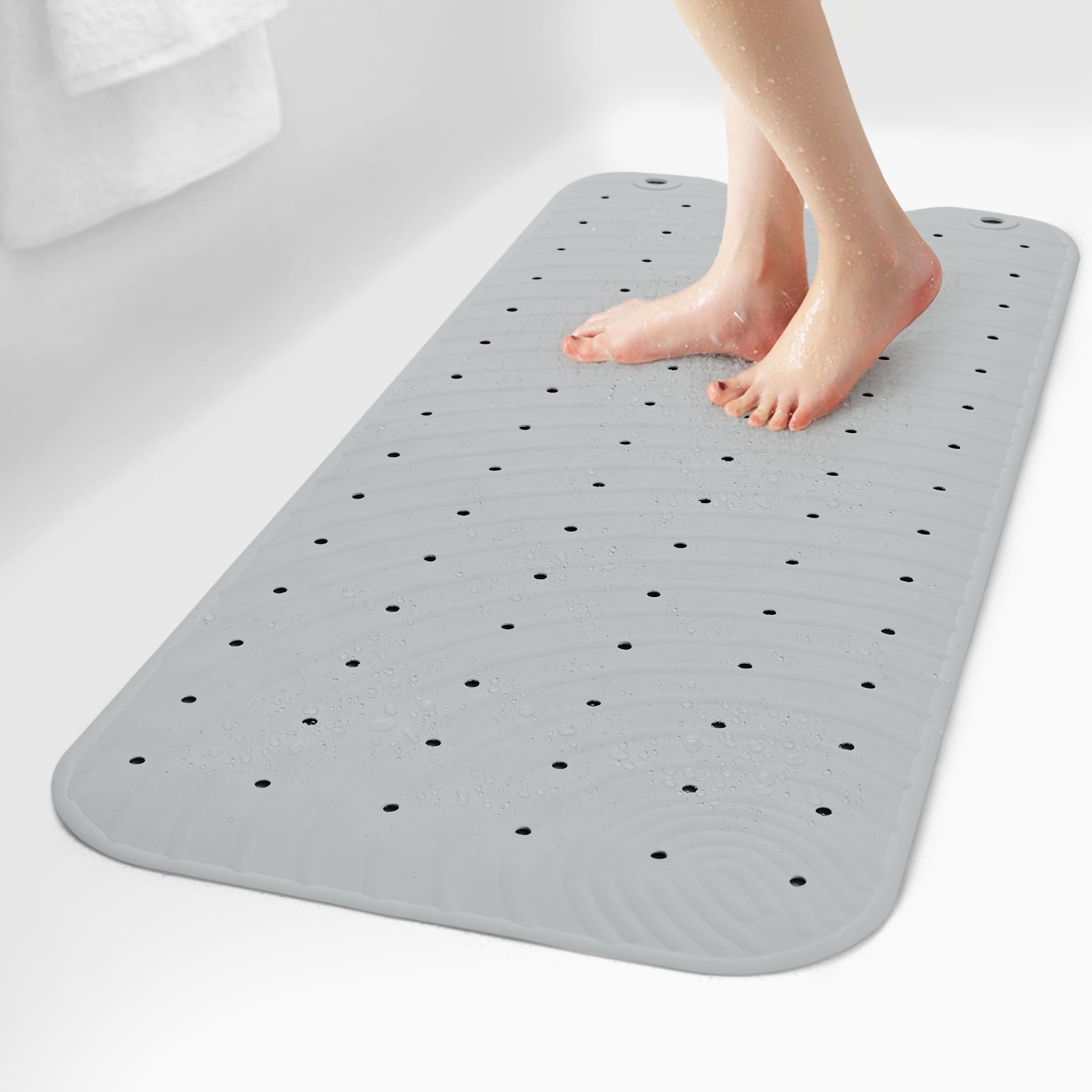 Selfsuite Grey Rubber Bathtub Mat, Extra Long Non-Slip Shower Tub Mat, 39X16 Inch, Bath Tub Floor Mat With Suction Cups And Drainage Holes,