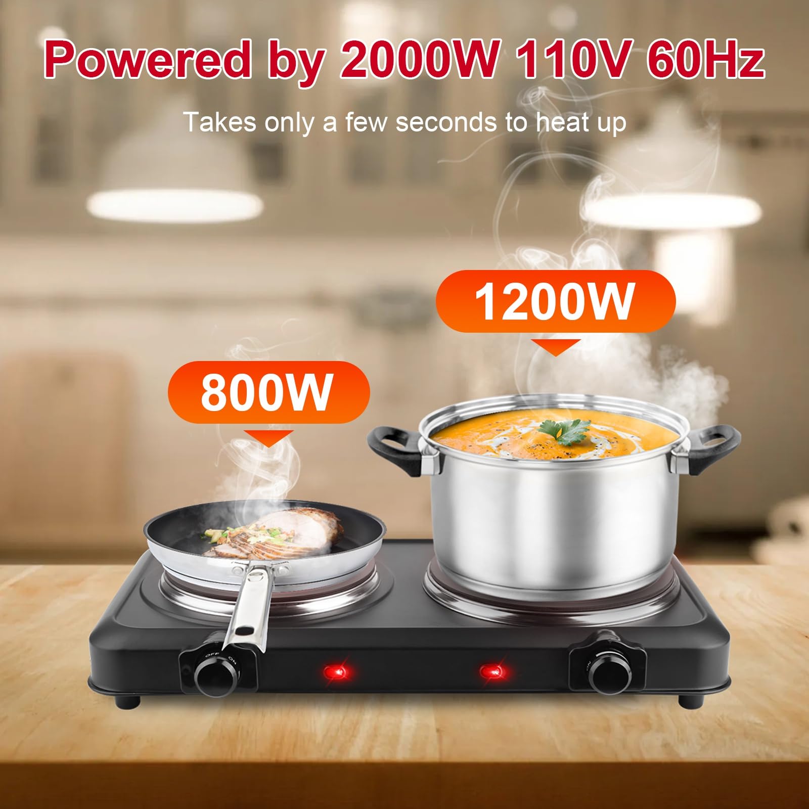 KOCASO 2000W Electric Infrared Dual Burner, Electric Stove for Cooking, Portable Heating Hot Plate Countertop, 7.5