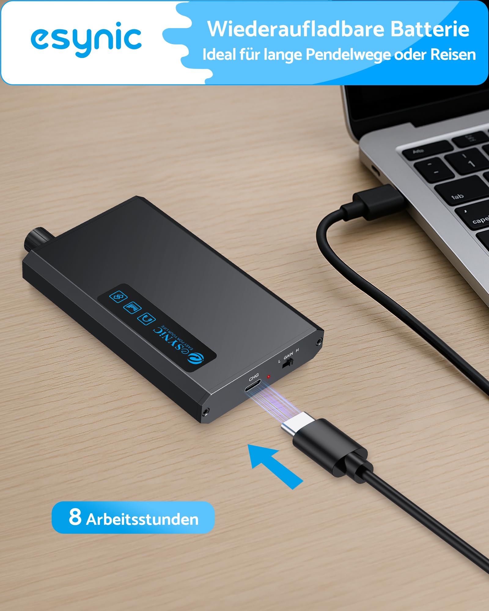 eSynic Tragbarer Kopfhörerverstärker mit Bluetooth 5.1 Empfänger Zwei-Phasen Gain-Schalter, HiFi 3.5mm AUX-Eingang 16-300Ωfür MP3, MP4-Player, Mobiltelefone, Computer, CD-Player usw.