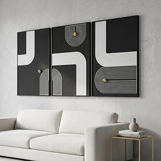 AMAATE 3Pcs 3D Sandstone Relief Art, Black Frame Gold Sphere Abstract Decor