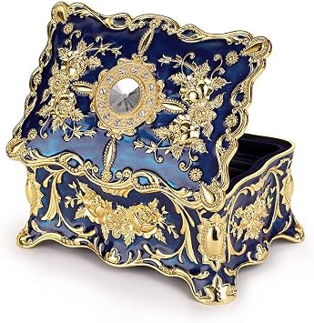 Vintage Jewelry Box Rococo Style Storage Organizer Decorative Treasure Chest Case Small, Blue-Gold