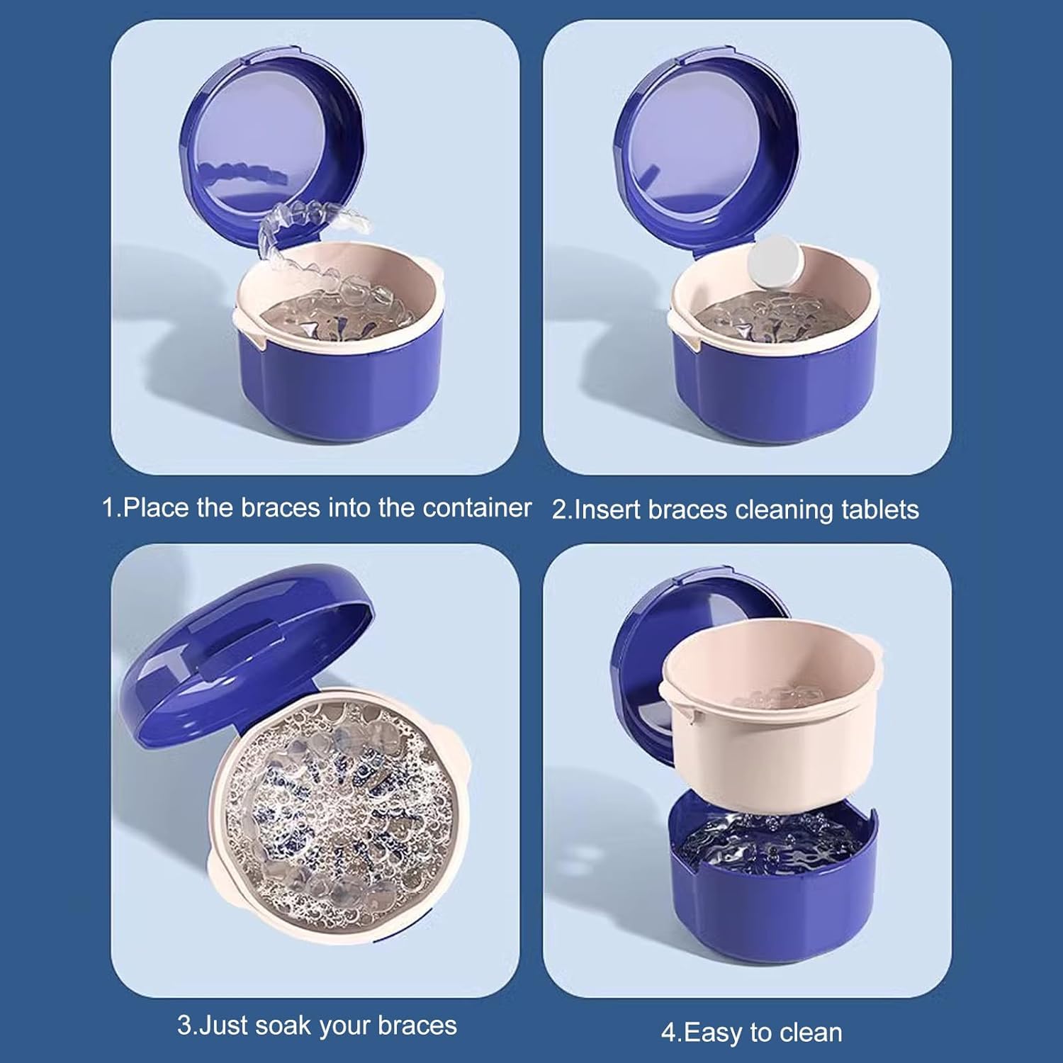 FUREIN SMILE 1Pack Denture Bath Case Portable Denture Soak Container Mouth Guard Storage Box with Pale Pink Strainer Basket for Travel Cleaning Sapphire Blue - Image 4