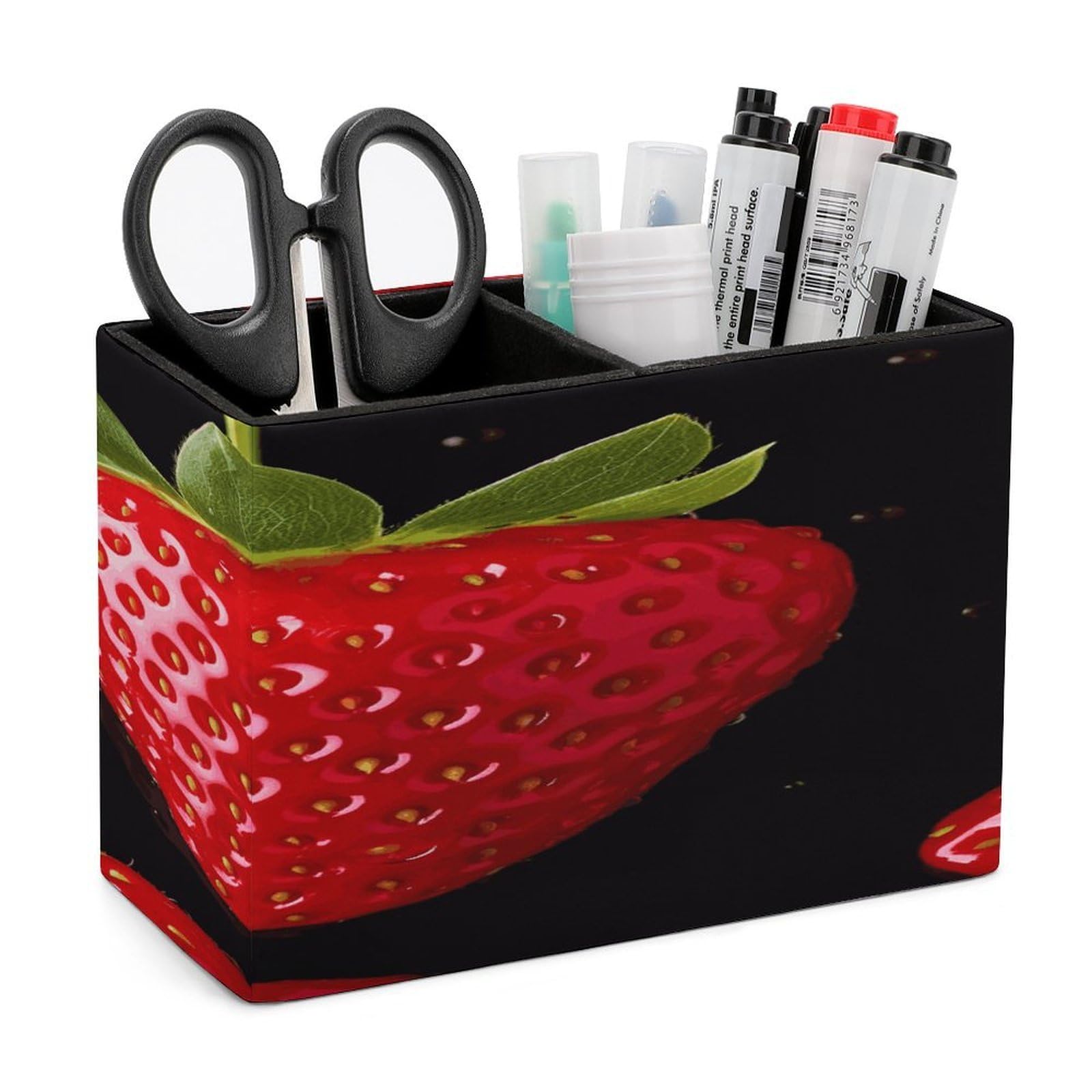LDGSUPH Strawberry Leather Pen Holder for Desk Organizer Caddy Large Pencil Cup Multi-function Pencil Holder Makeup Brush Holders Pen Organizer for Home Office Storage Box