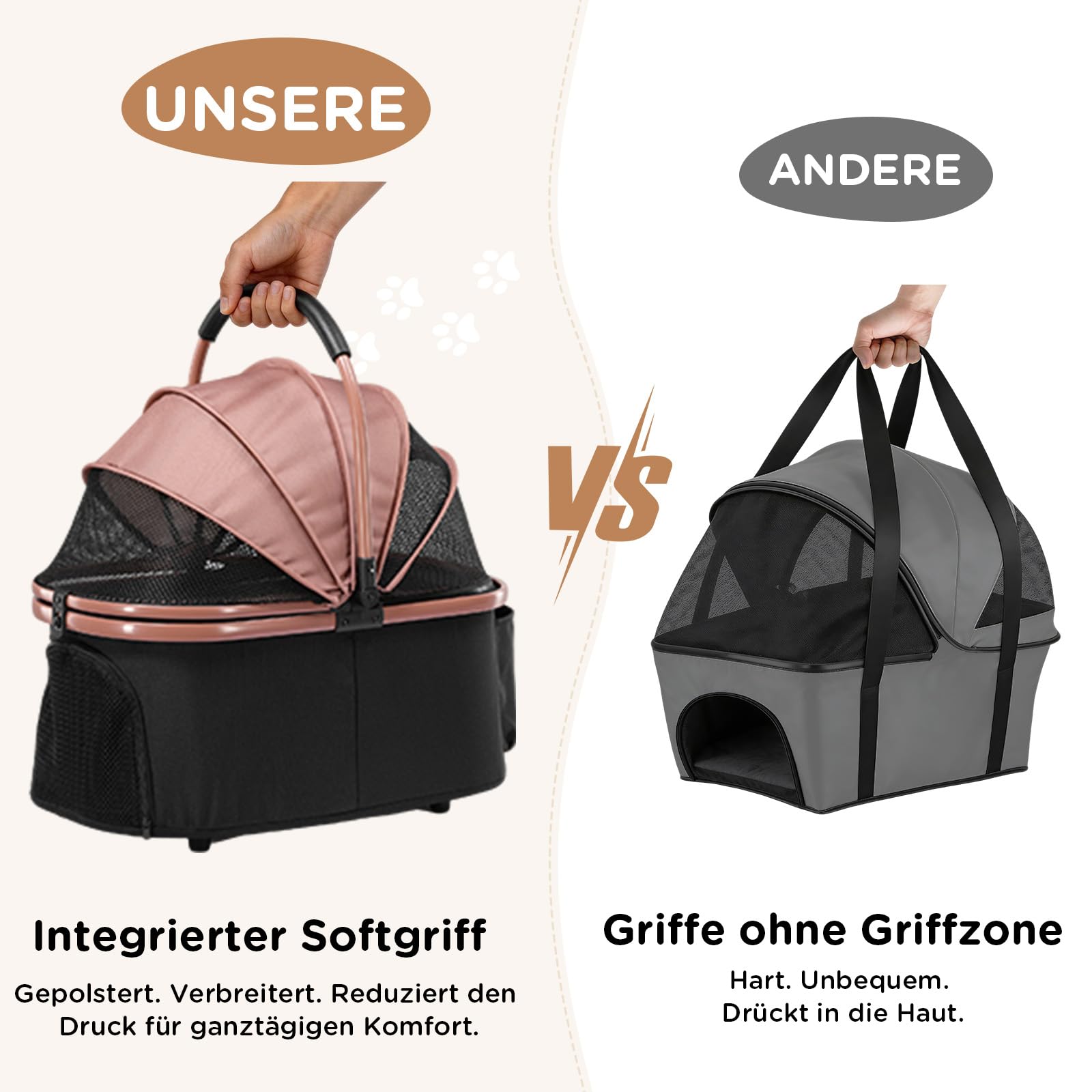 GTPLAYER Hundewagen 4 in 1 Hundebuggy, Hundebox klappbar Hund Kinderwagen bis 25kg, Faltbar Katzenwagen mit 360°Drehrädern, Netzfenstern, Verstellbaren Markise&Getränkehaltern, Roségold