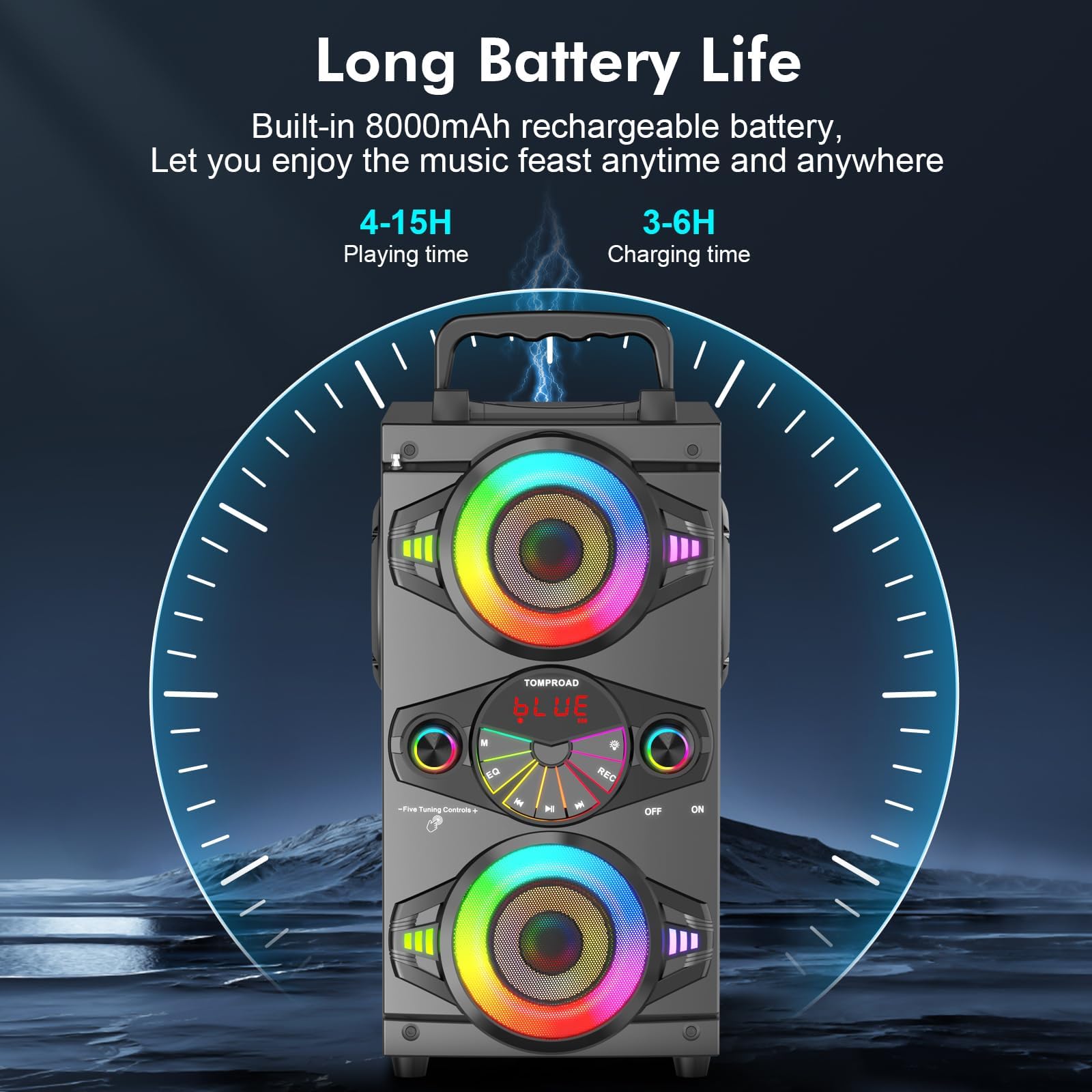 Altoparlanti Bluetooth portatili da 60 W, potenti, senza fili, suono forte, stereo, bassi, boombox, casa e feste, con subwoofer, radio FM, luci LED colorate (nero)