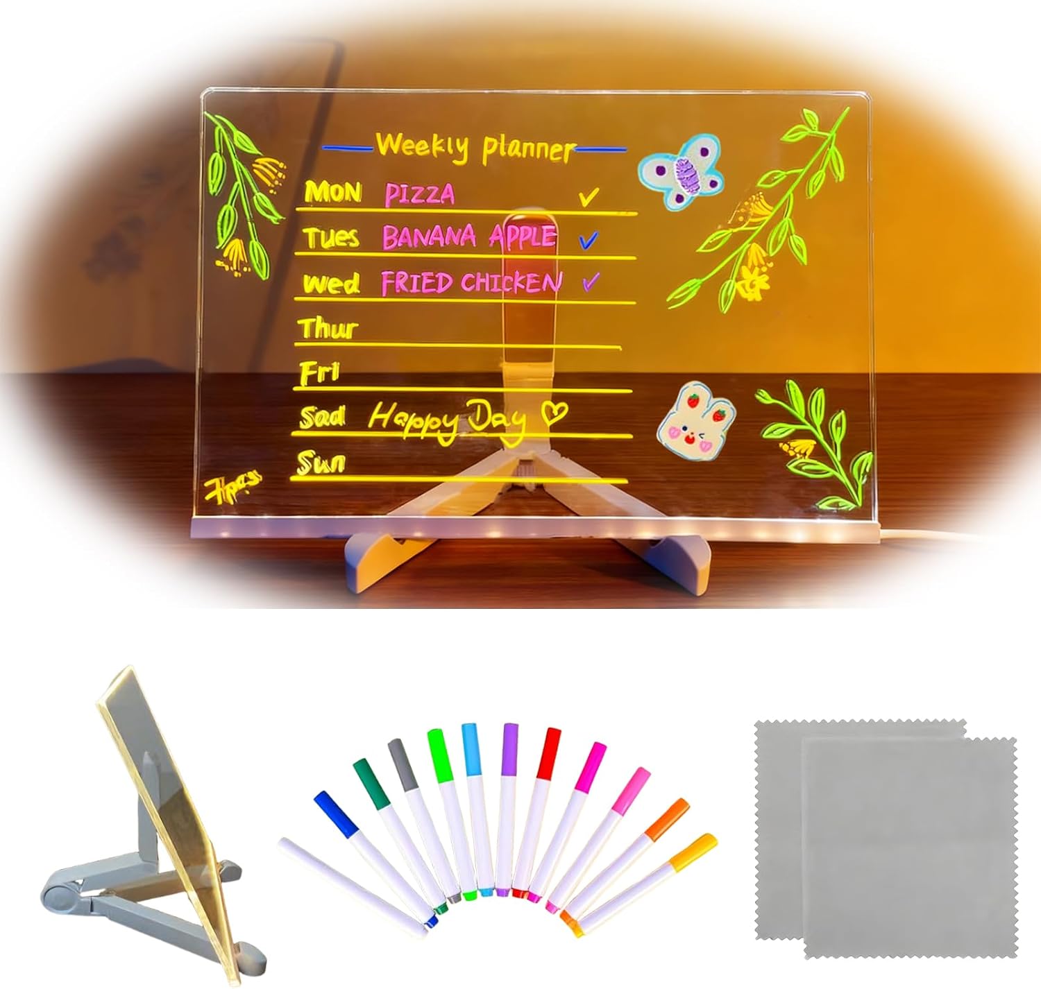 Tableau Lumineux LED Message & Dessin 30x20 Cm – Double Face Effaçable – Avec 7 Stylos Néon + Support – Cadeau Enfant Fille Garçon
