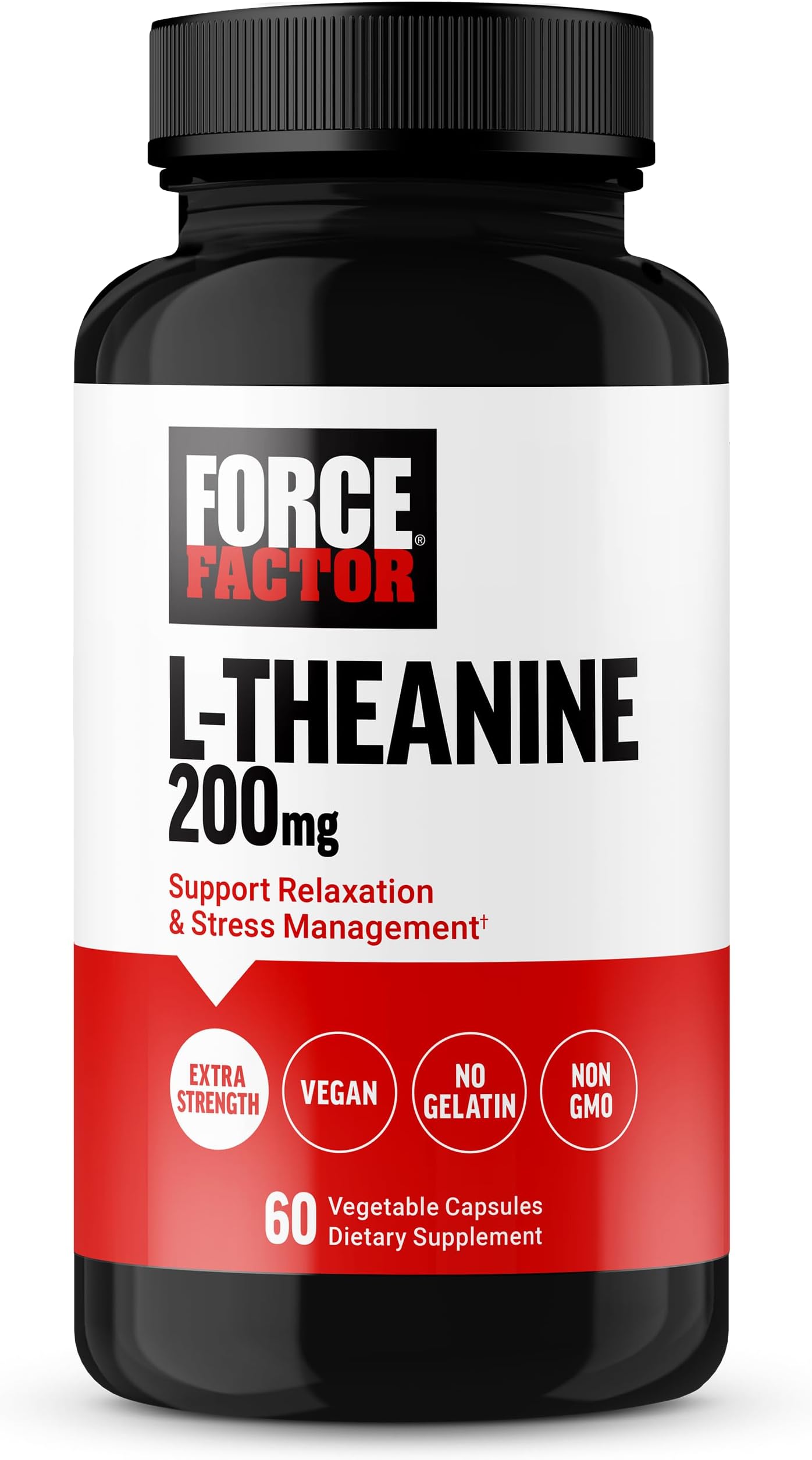 FORCE FACTOR L Theanine, Extra Strength L-Theanine Supplement for Stress Relief, and Supporting Calm and Relaxation, L Theanine 200mg Capsules, Vegan, Non-GMO, No Gelatin, 60 Vegetable Capsules