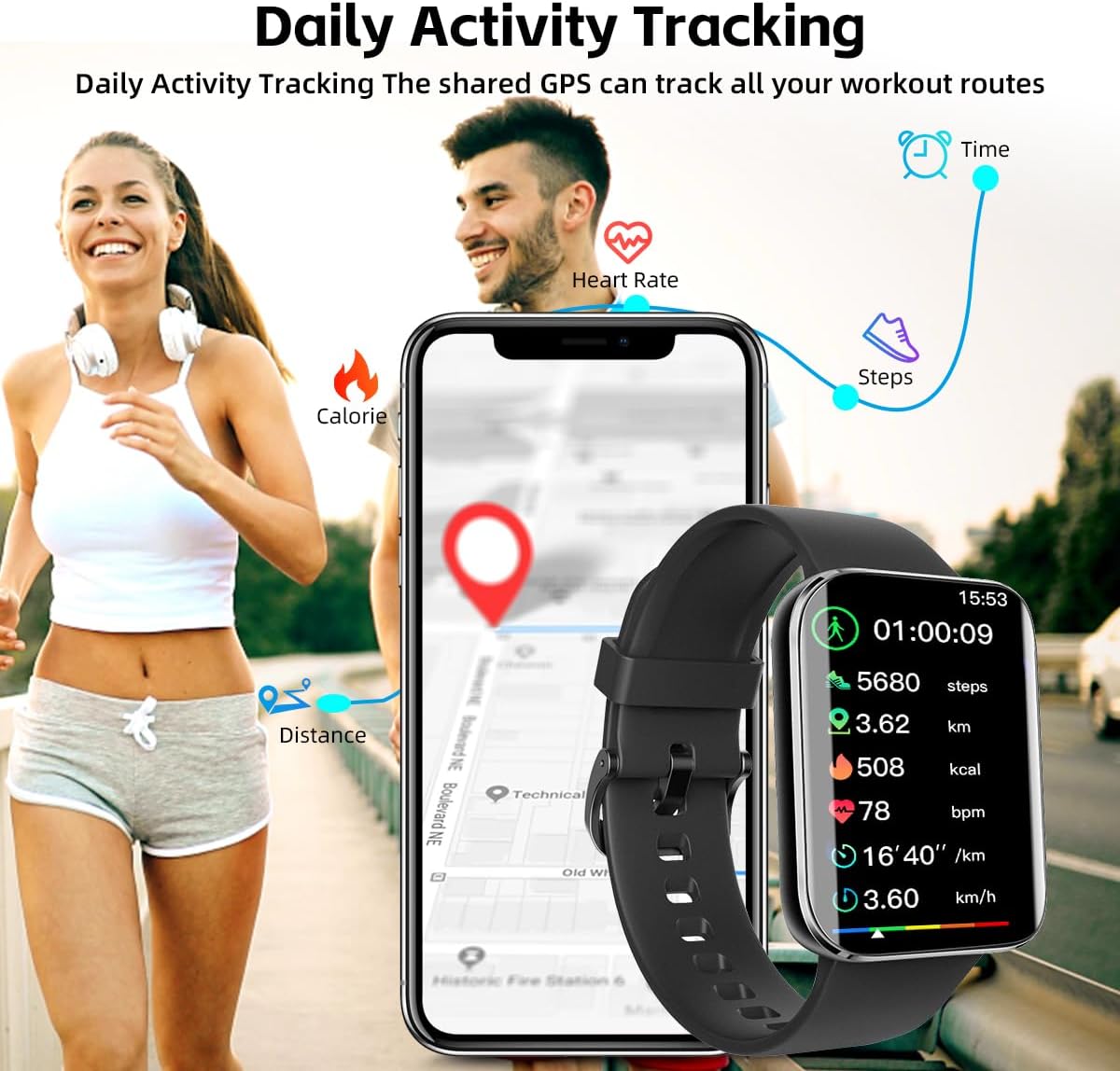 Rogbid K21 Smart Watch showing daily activity tracking with shared GPS for workout routes, heart rate, steps, calories, and distance.
