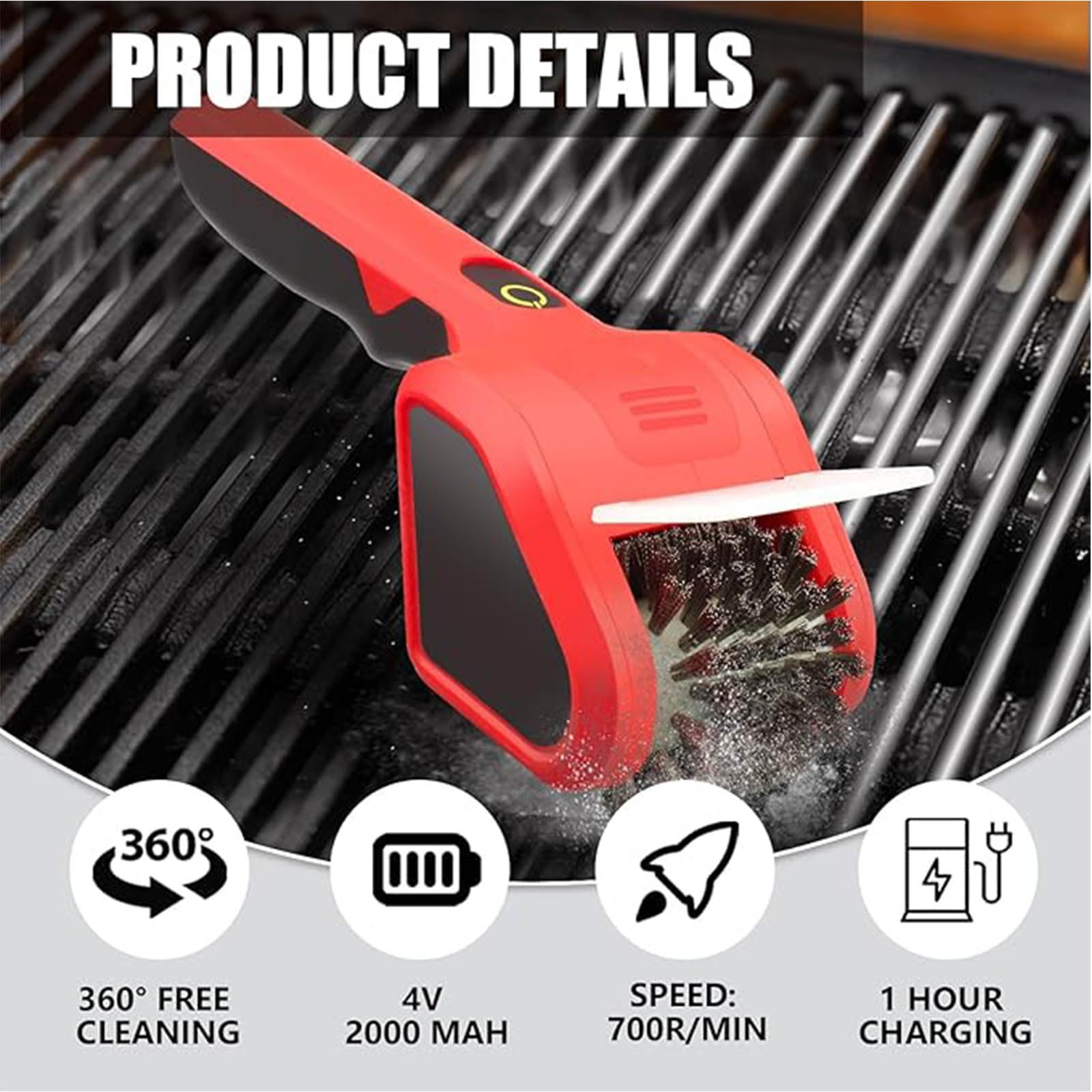 Estropajo eléctrico fuerte para barbacoa, plano de radio, cabezal de limpieza sin deslustre, mango ergonómico, cepillo eléctrico para barbacoa