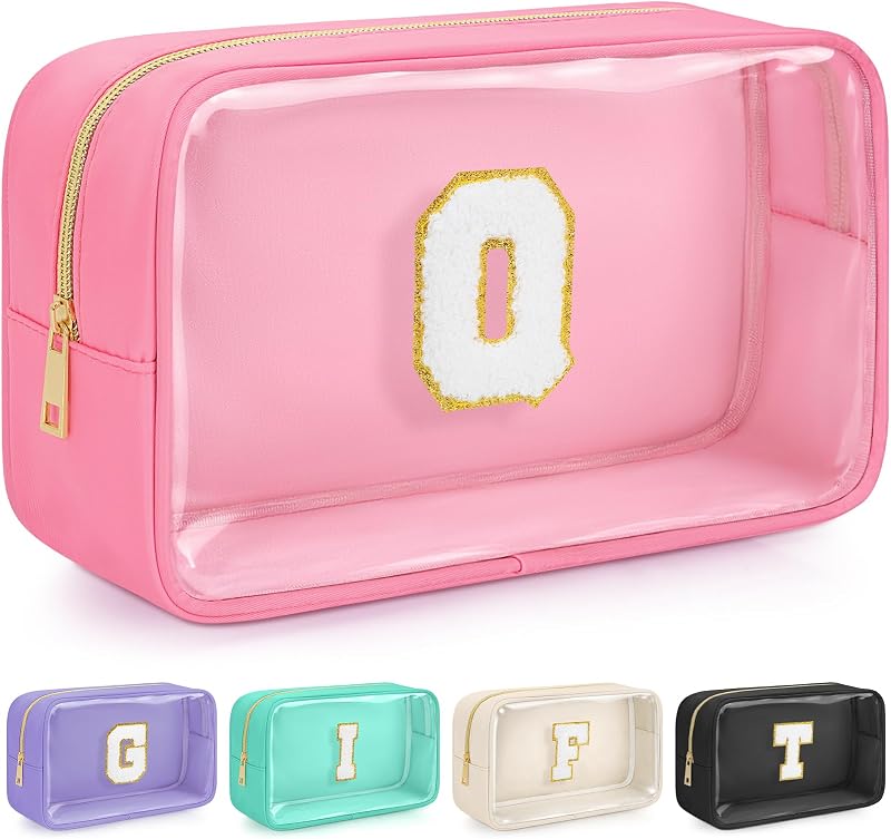Necessaire de maquiagem WELIDAY com patch chenille inicial Q, zíper e acabamento resistente à água, 1 unidade