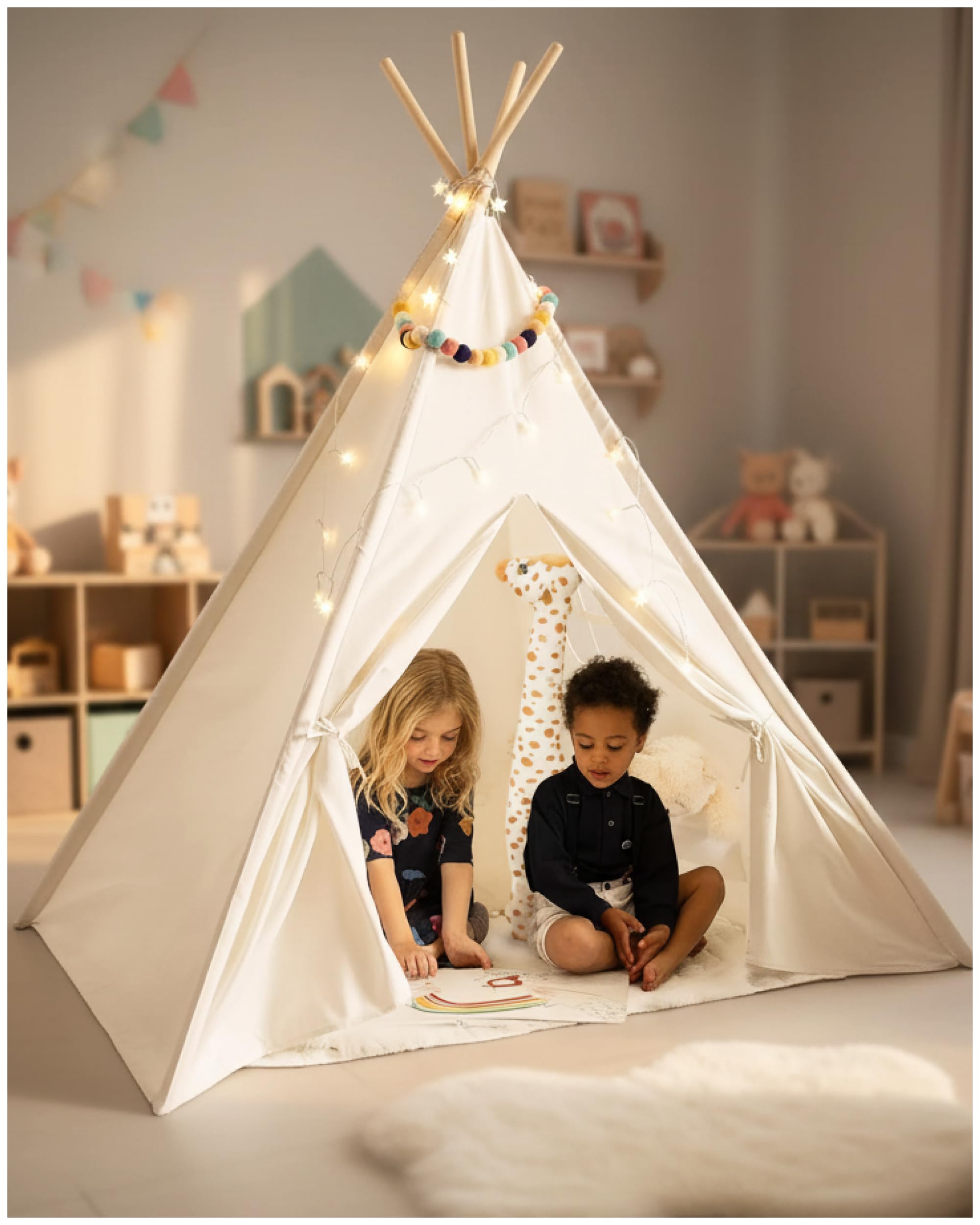 Playvibe Teepee Tent for Kids with LED Star Lights - Toddler Tent & Reading Corner for Kids, Playhouse Gift, Nursery Decor & Indoor Play, Winter Indoor Retreat Toy Fort for Toddler