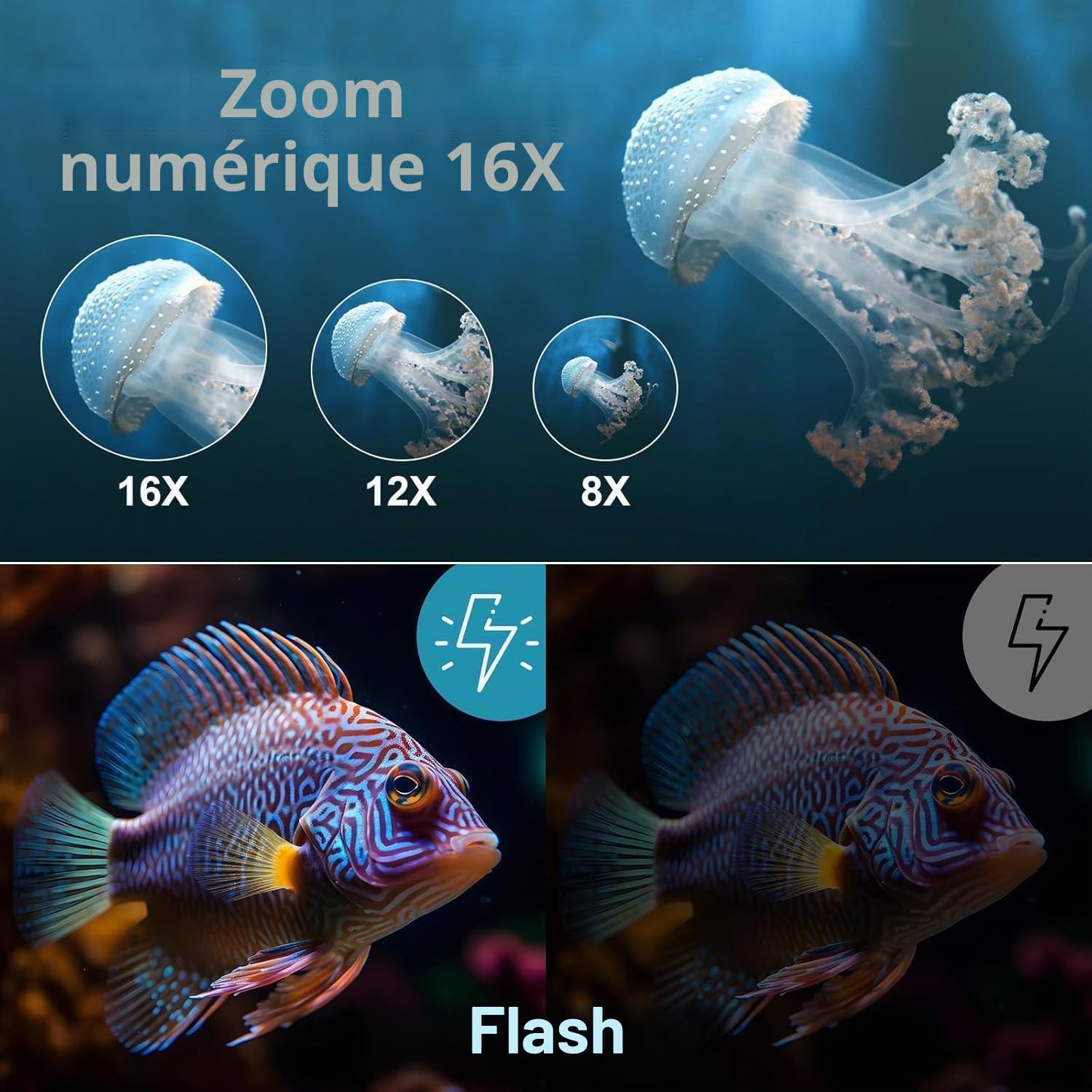 Appareil photo sous-marin 2,7 K - Étanche - Mise au point automatique 56 MP - Avec carte de 32 Go