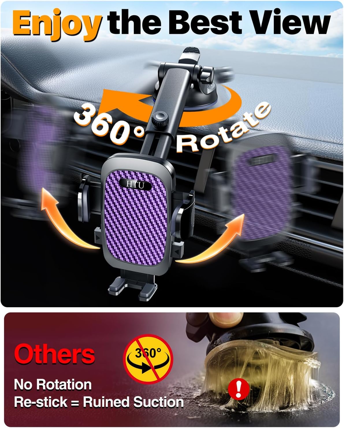 HTU 2026 Ultimate Best【True Military-Grade & Safety Cert】Car Phone Holder【Upgraded 360 Rotation & 100+LBS Strongest Suction】5-in-1 Truck Windshield Dashboard Vent Mount Stand for iPhone Android,Purple
