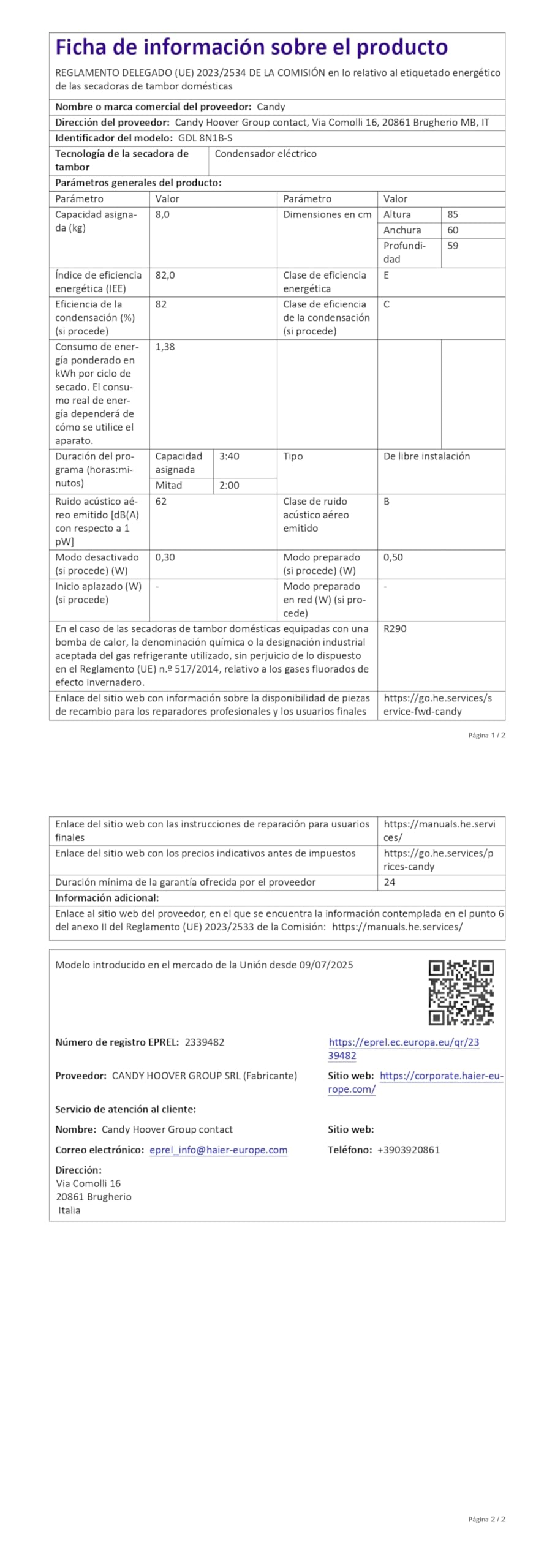 Candy ProDry 300 GDL 8N1B-S, asciugatrice 8KG, pompa di calore, pannello digitale e ruota, AI Smart Move, 16 cicli, 7 rapidi, cassetto condensazione, stiratura facile, casa ritardata 24H, 62DB, bianco