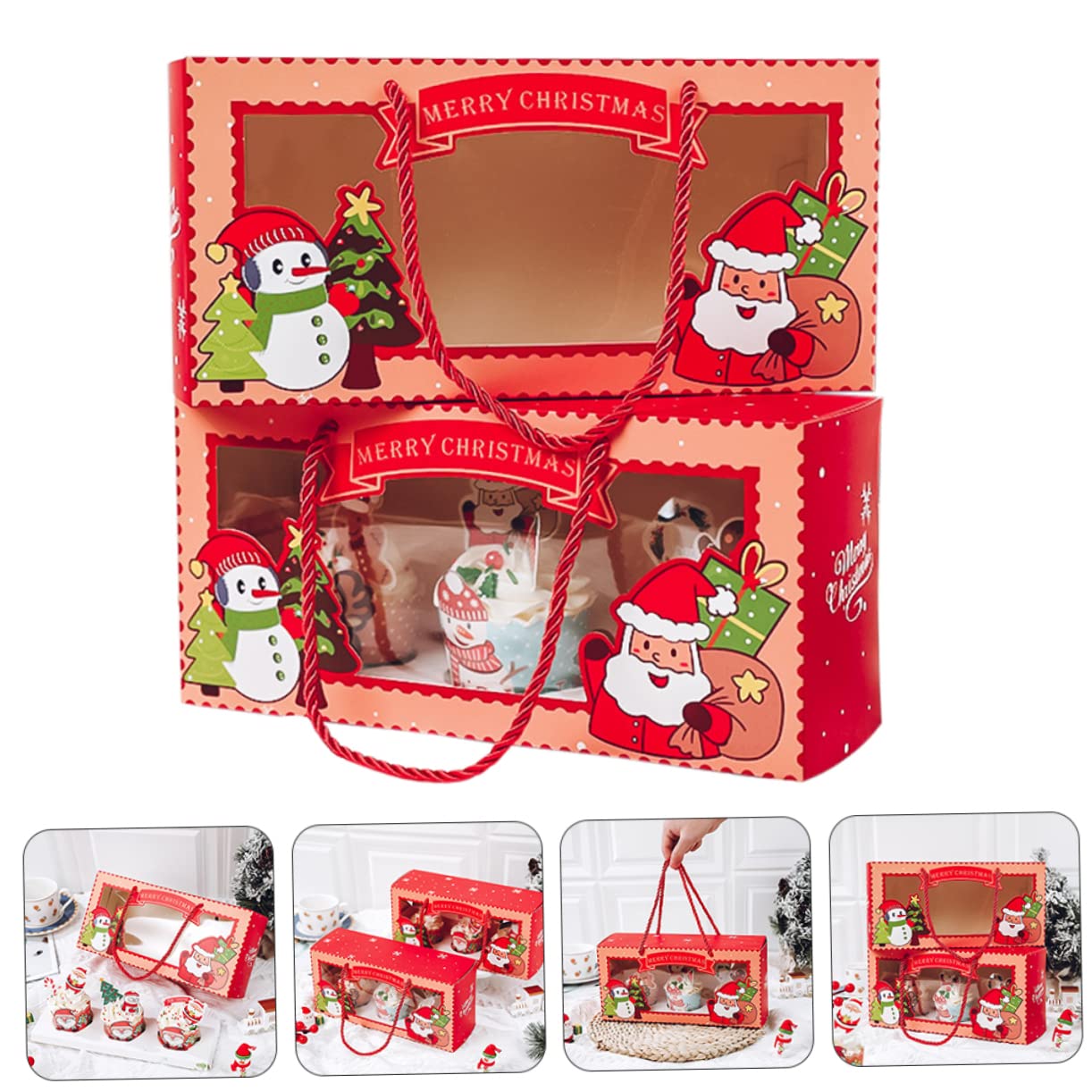 NAMOARLY 2pcs Xmas Holiday Party Bakery Boxes 6-slot Cupcake Holders Mini Cake Carrier Transparent Storage Boxes for Christmas Mini Cakes