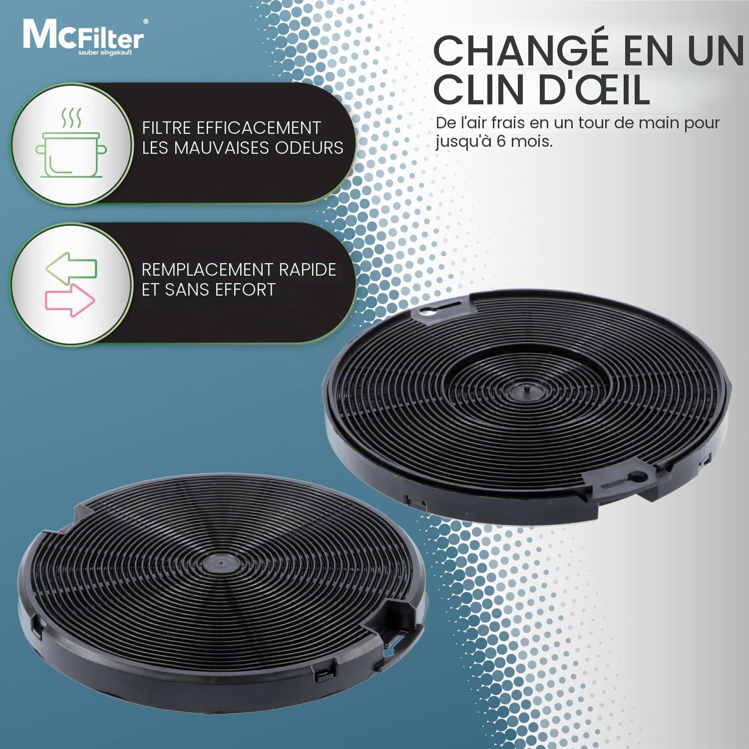 McFilter | 4x filtres à charbon actif Ø 150mm EFF75 pour hotte aspirante, convient pour filtre à charbon AEG 405509371/2, Faber 112.0067.944 + 112.0254.245, IKEA 203.383.74, NYTTIG FIL 500