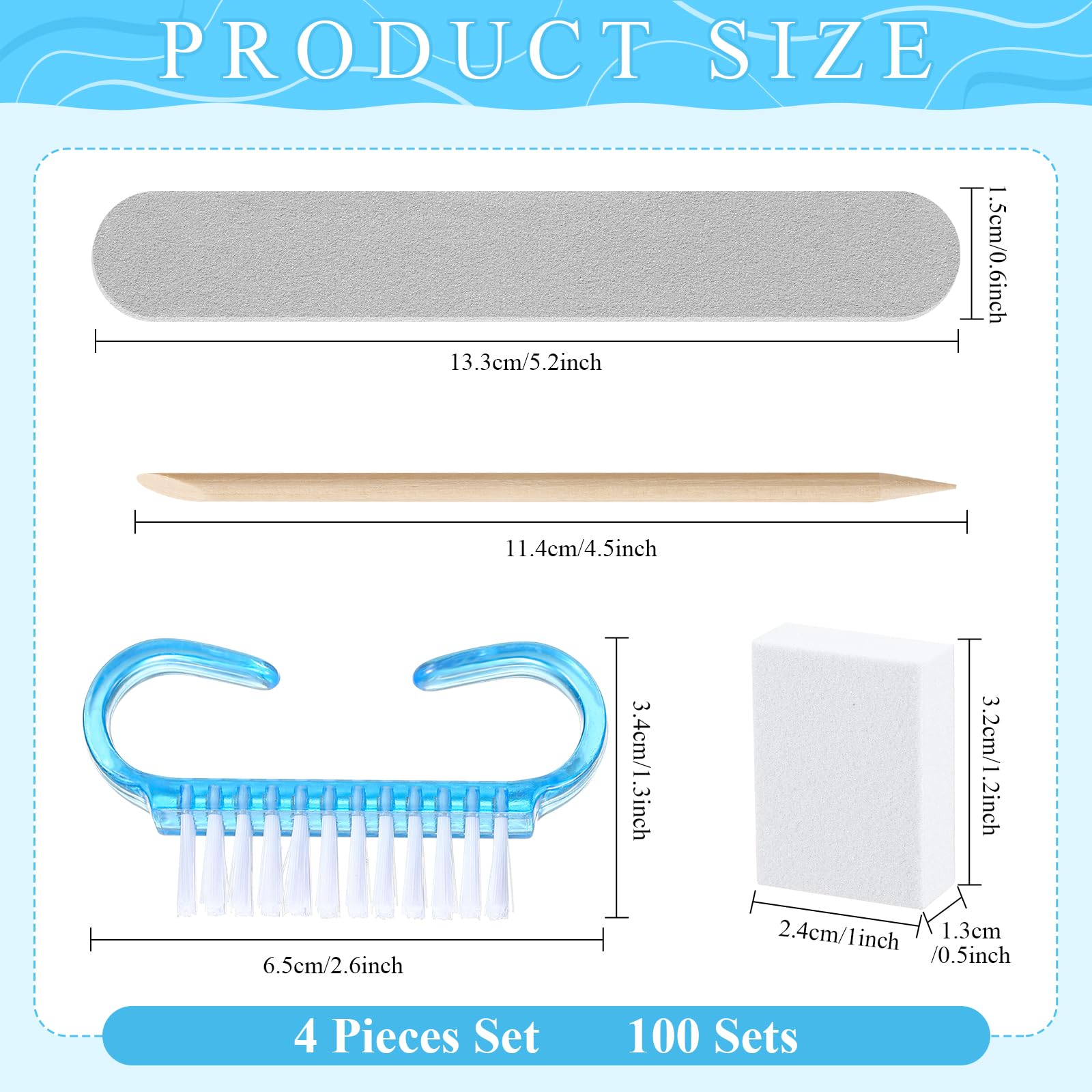 Set di 100 kit manicure usa e getta professionali basi, kit di 4 lime per unghie in legno grana 100/180, mini buffer grana 80/100, bastoncino di legno e pennello con impugnatura (blu)