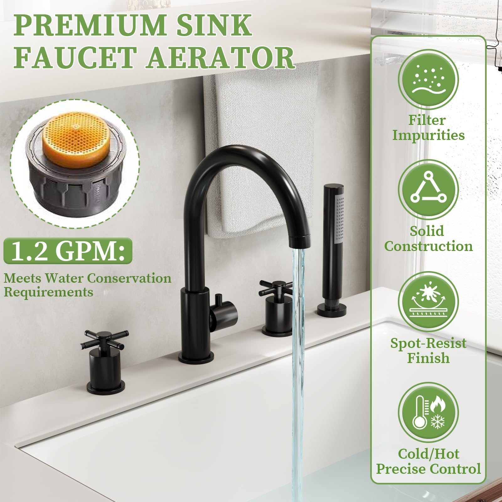 Brass Roman Tub Faucets with Hand Shower, Bathtub Faucet, 2 Cross Handles 4-Hole Bathtub Faucet, Deck Mount Bathroom Faucet, Matte Black - 4