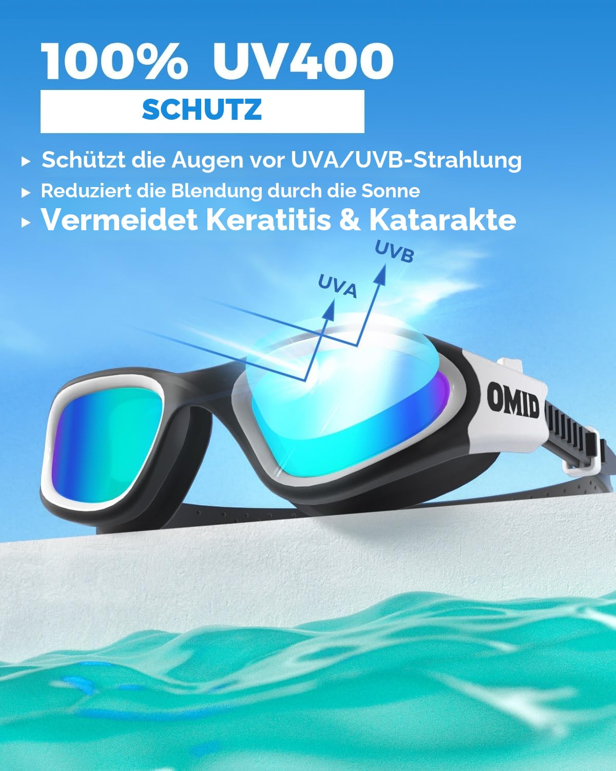 OMID Schwimmbrille, bequeme, polarisierte Schwimmbrille, beschlagfrei, auslaufsicher, UV-Schutz, kristallklare Sicht, Schwimmbrille für Herren, Damen, Erwachsene