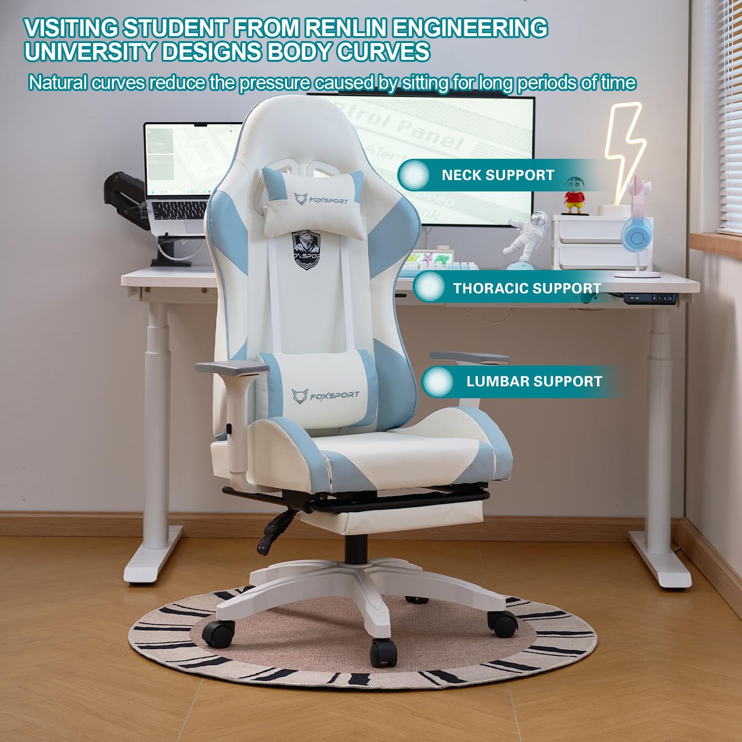 K IKIDO Silla de Gaming, ergonómica, Silla de Oficina Regulable en Altura, con reposapiés, inclinación de 155°, con reposacabezas y cojín Lumbar, para casa y Oficina (Azul)